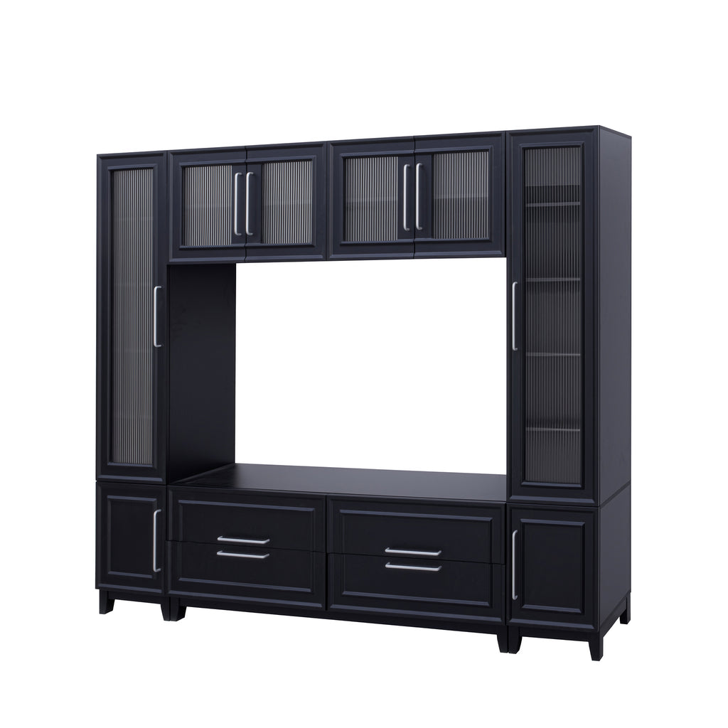 Black wall unit upper and side cabinet storage layout