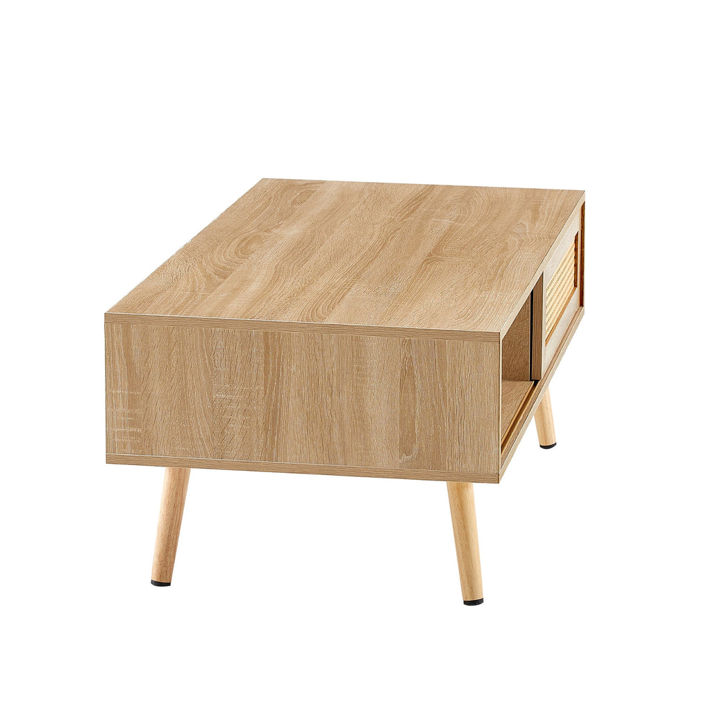 Rattan Coffee Table — Sliding Door Storage & Solid Wood Legs