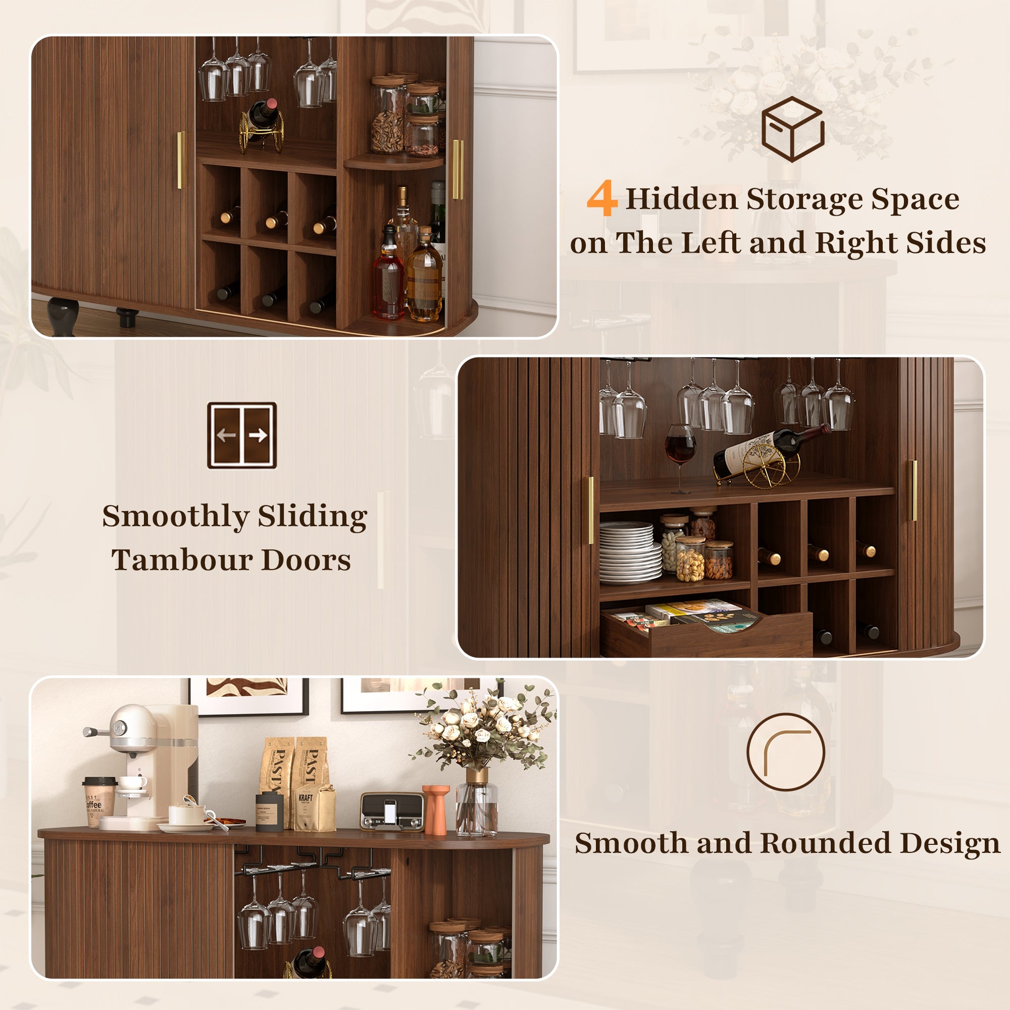 39' Fluted Liquor & Coffee Bar Cabinet with 6 Wine Racks and 3 Glass Holders, Mid-Century Modern Bar Cabinet with A Large Storage Drawer ,4 Hidden Storage Space on the Side , Black