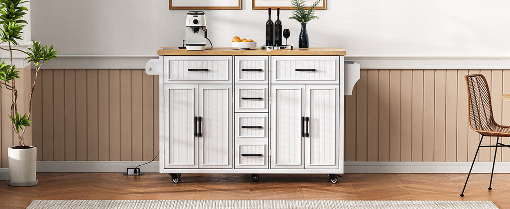 K&K 56.5'' Kitchen Island with Drop Leaf, Power Outlet, Embossed Vertical Stripe Rolling Kitchen Cart on Wheels with 4 Doors , 5 Deep Drawers and Adjustable Shelves, for Kitchen, Dining Room, Black
