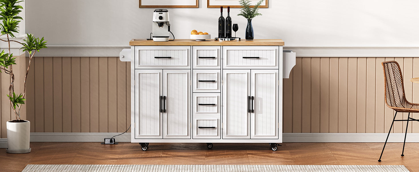 K&K 56.5'' Kitchen Island with Drop Leaf, Power Outlet, Embossed Vertical Stripe Rolling Kitchen Cart on Wheels with 4 Doors , 5 Deep Drawers and Adjustable Shelves, for Kitchen, Dining Room, Black
