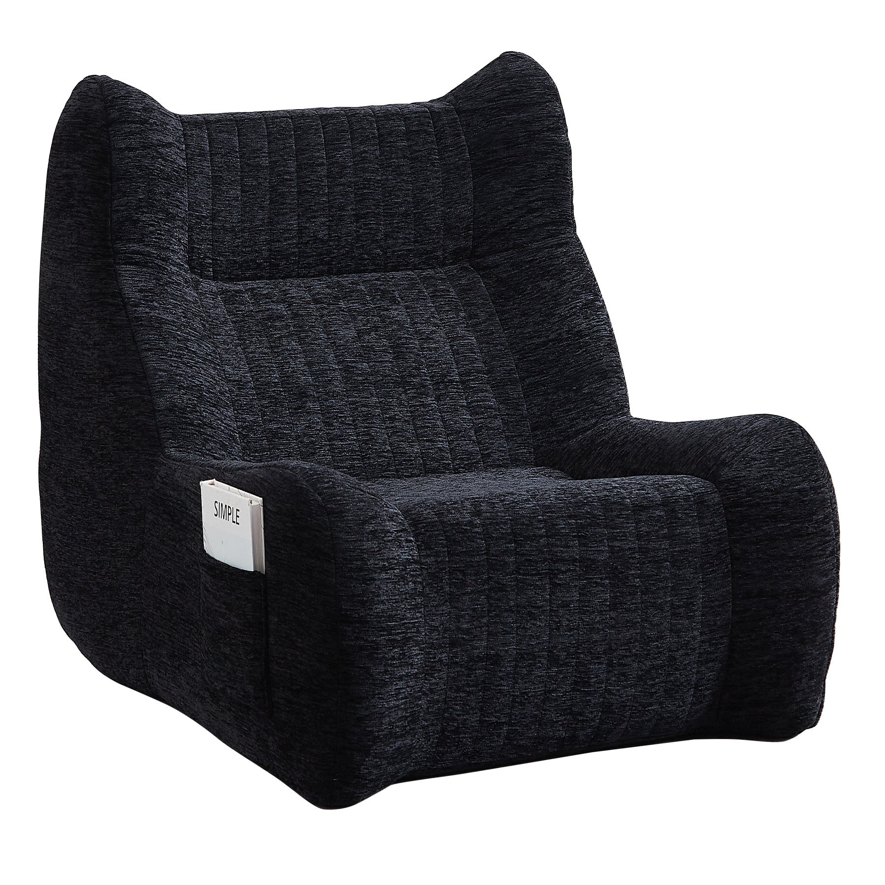 Black chenille bean bag chair with armrests — front view