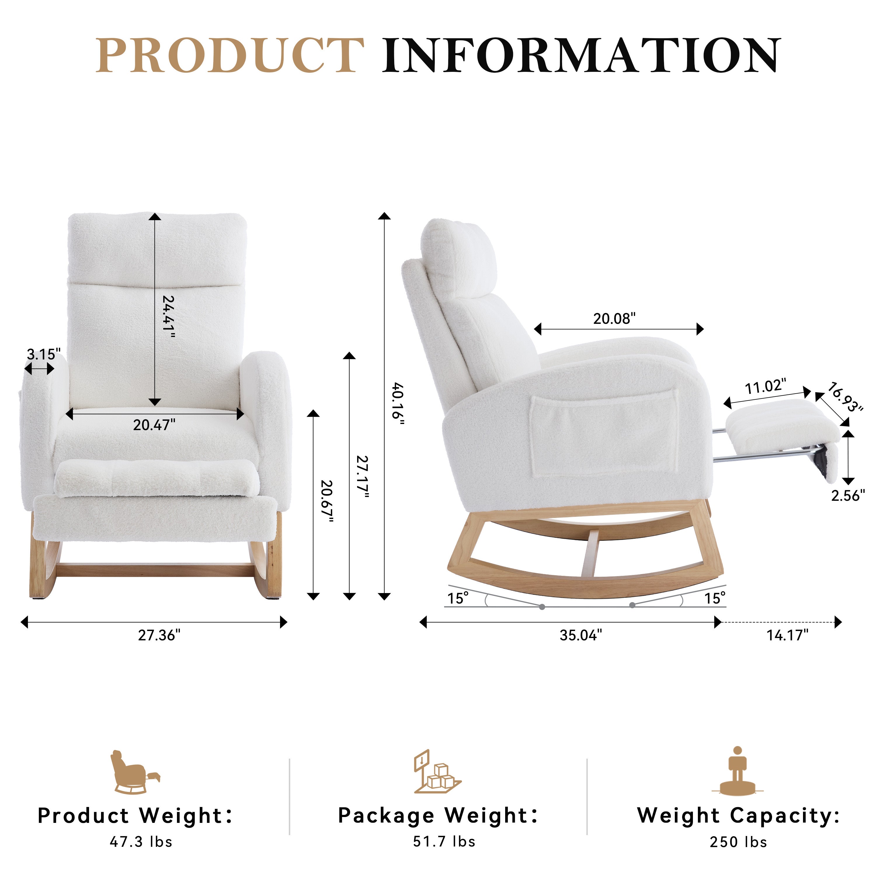 White rocking chair with adjustable footrest — angle view