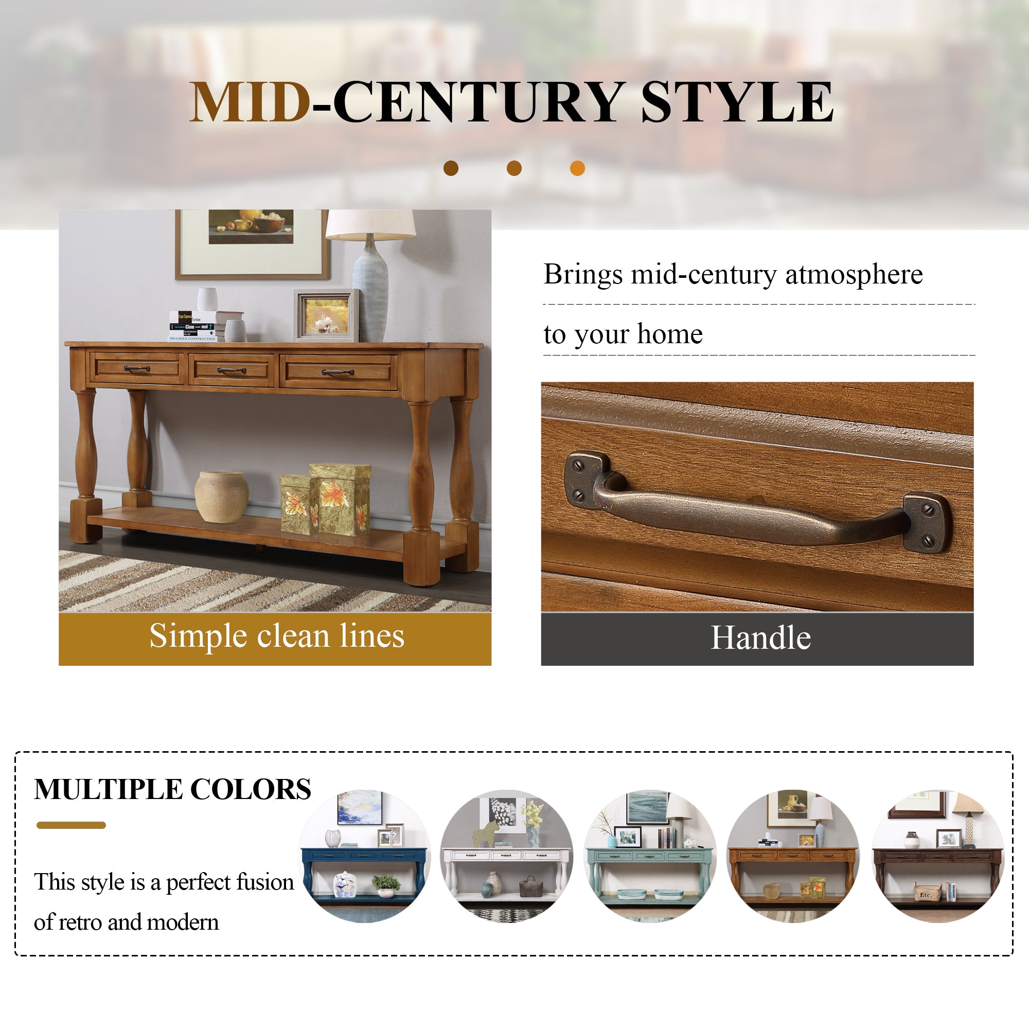 Mid-century console table metal handles drawer front close-up