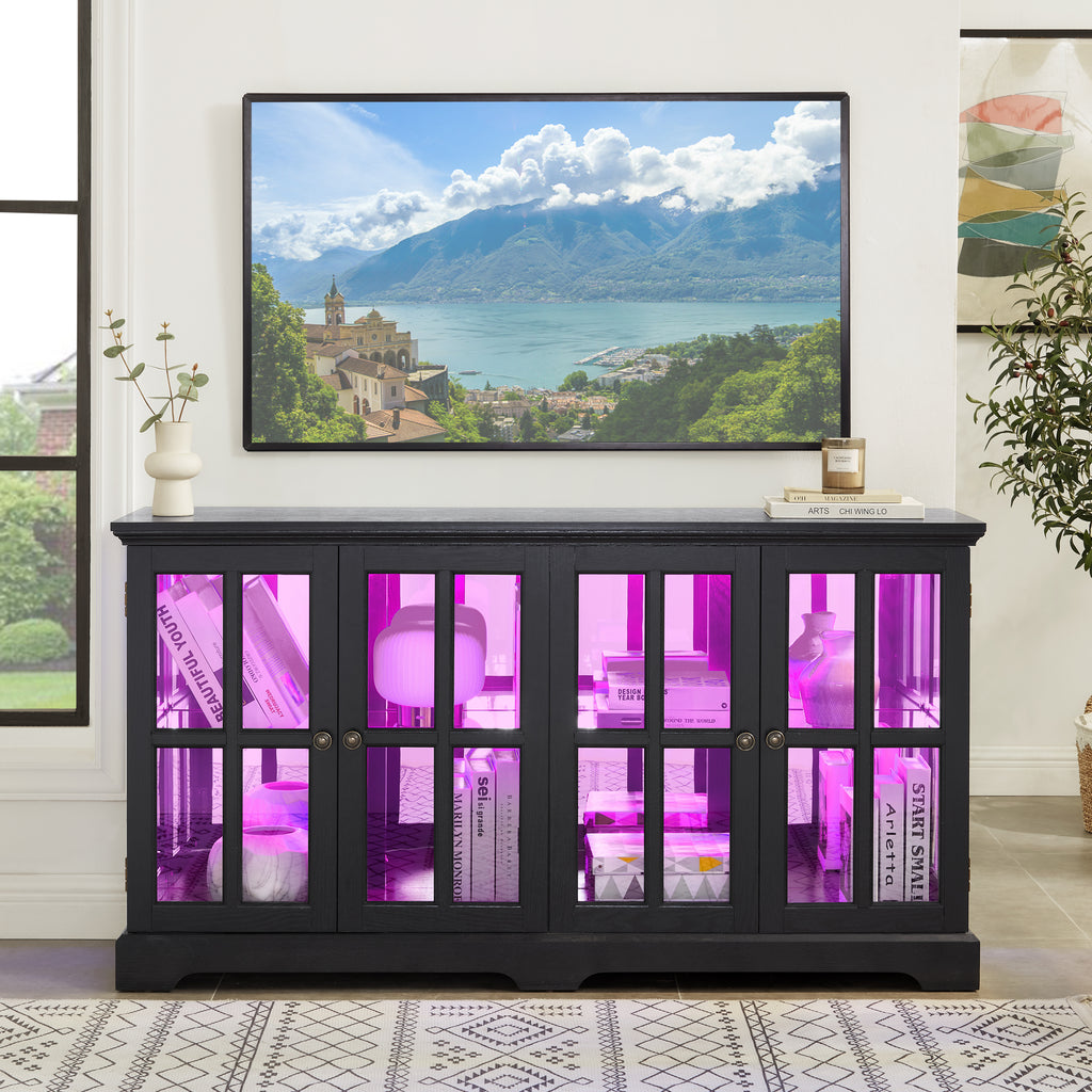 LED Curio Display Cabinet Antique Display Cabinet with Glass Doors Adjustable Shelves for Collectibles Four Door Design Vintage Showcase for Home or Office Antique Display Case BLK