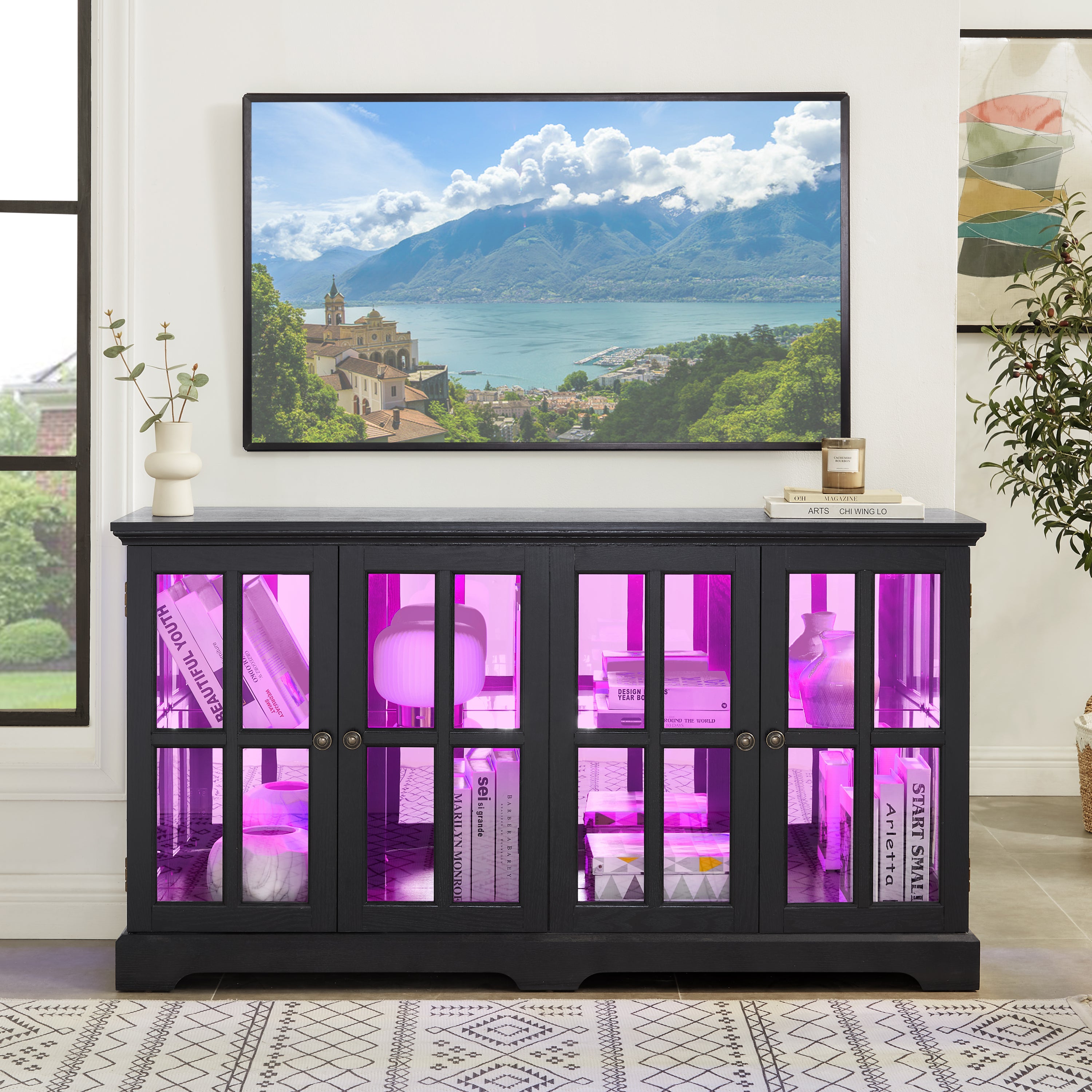 LED Curio Display Cabinet Antique Display Cabinet with Glass Doors Adjustable Shelves for Collectibles Four Door Design Vintage Showcase for Home or Office Antique Display Case BLK