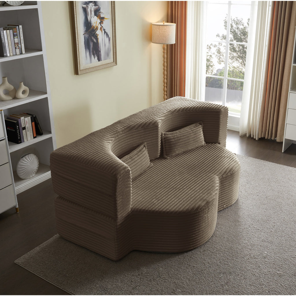Modern Floor Sofa with 2 Pillows, Convertible Plush Corduroy Foam-Filled Sleeper Sofa Bed,15 ' Full Size Folding Mattress for Living Room, Guest Bed, no assembly required, Light Grey