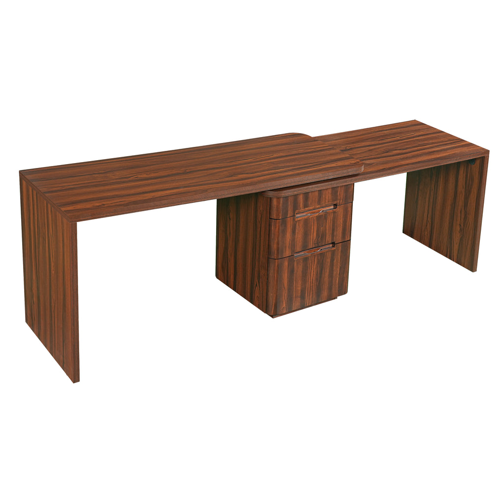 Walnut L-shaped desk rotating panel hinge detail