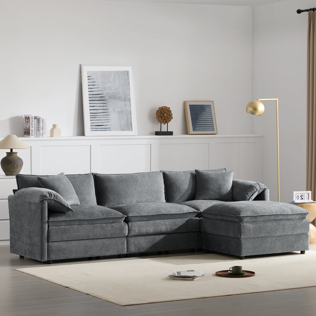[NEW SKU of N723S0687B]103' Chenille Modular Sectional Sofa with Deep and Wide Seat, L Shaped Cloud Couch Set with Double Cushions, 4 Seat Sofa with Movable Ottoman, Oversized Indoor Furniture
