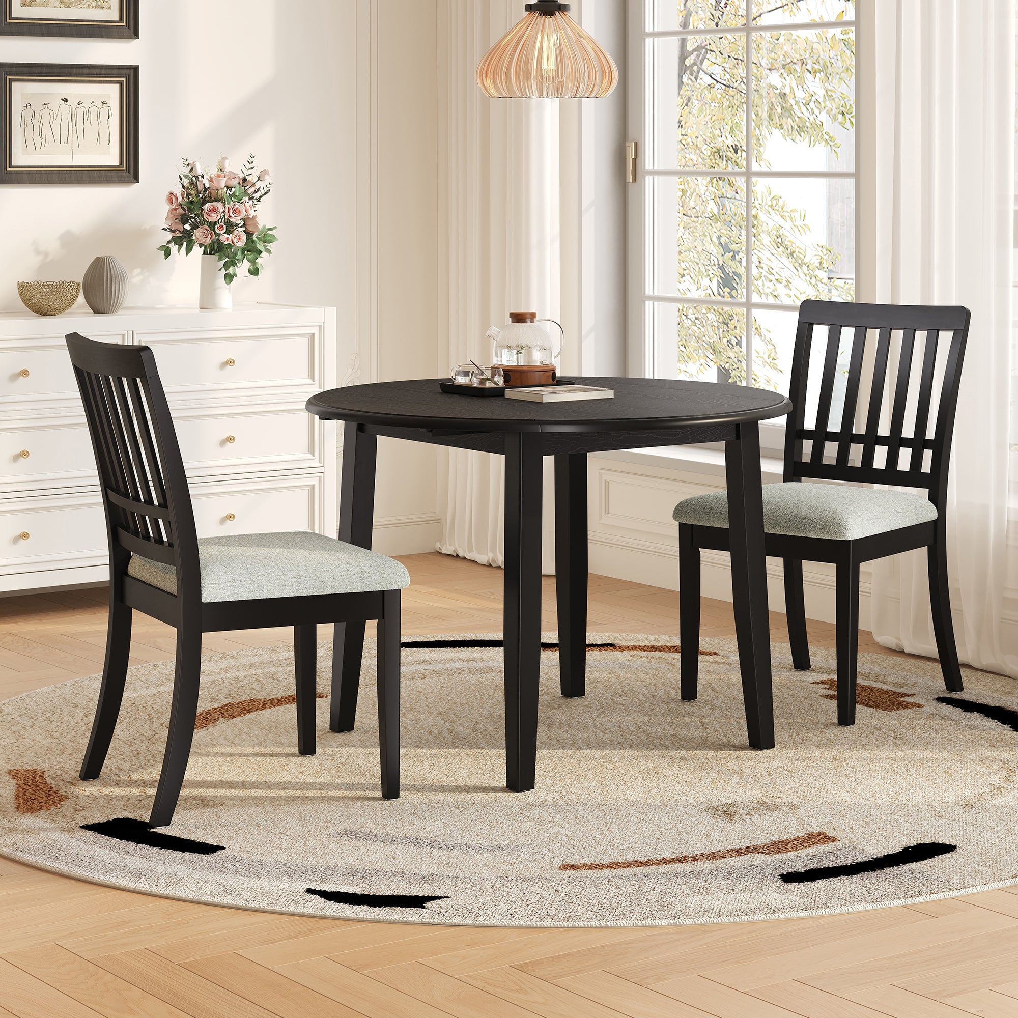 3-Piece Round Dining Table Set for 2 People, 1 Folding Wood Dining Table + 2 Upholstered Chairs, Space-Saving Design for Small Apartments and Dining Areas -LIGHT BROWN