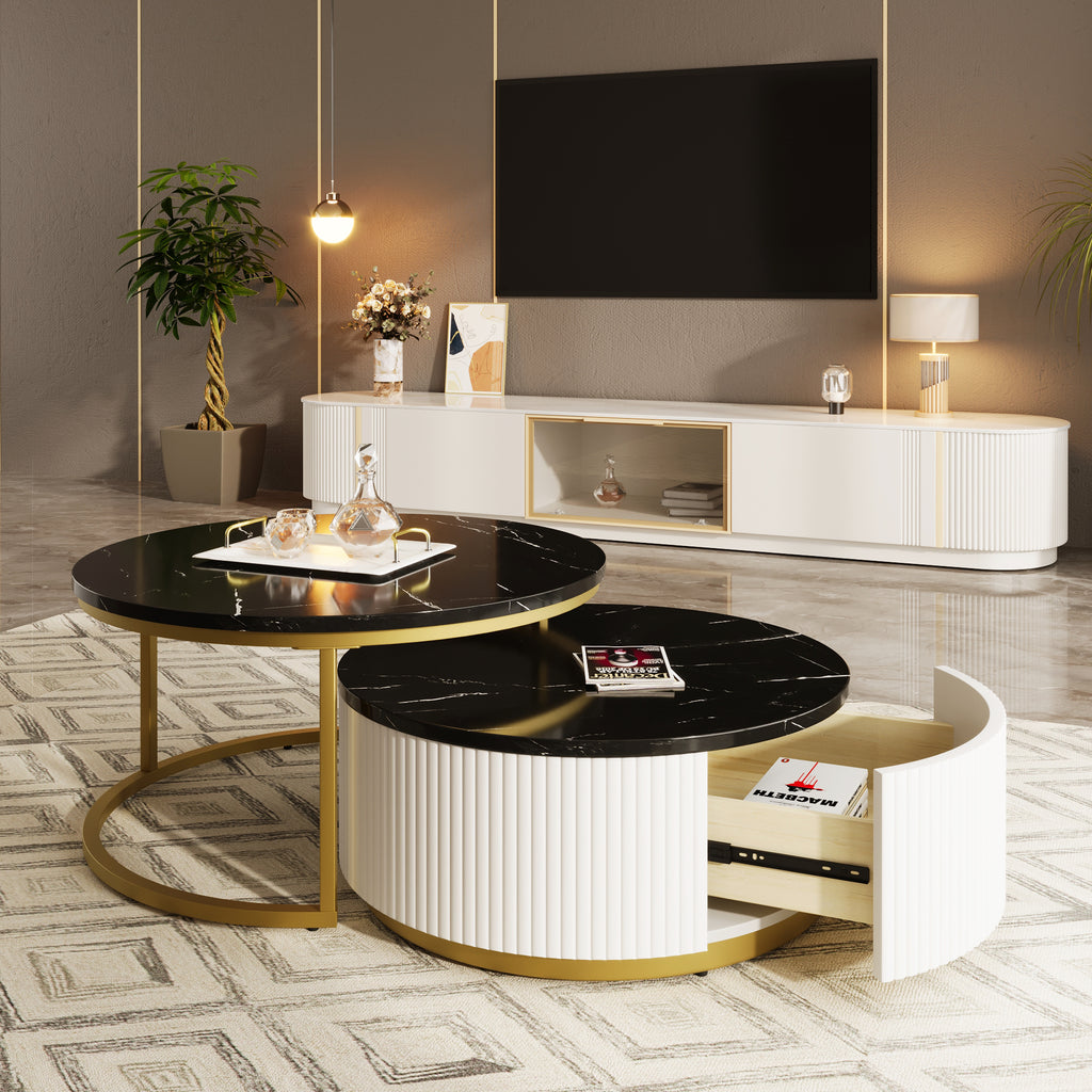 2-piece fluted nesting coffee table with drawer — overview