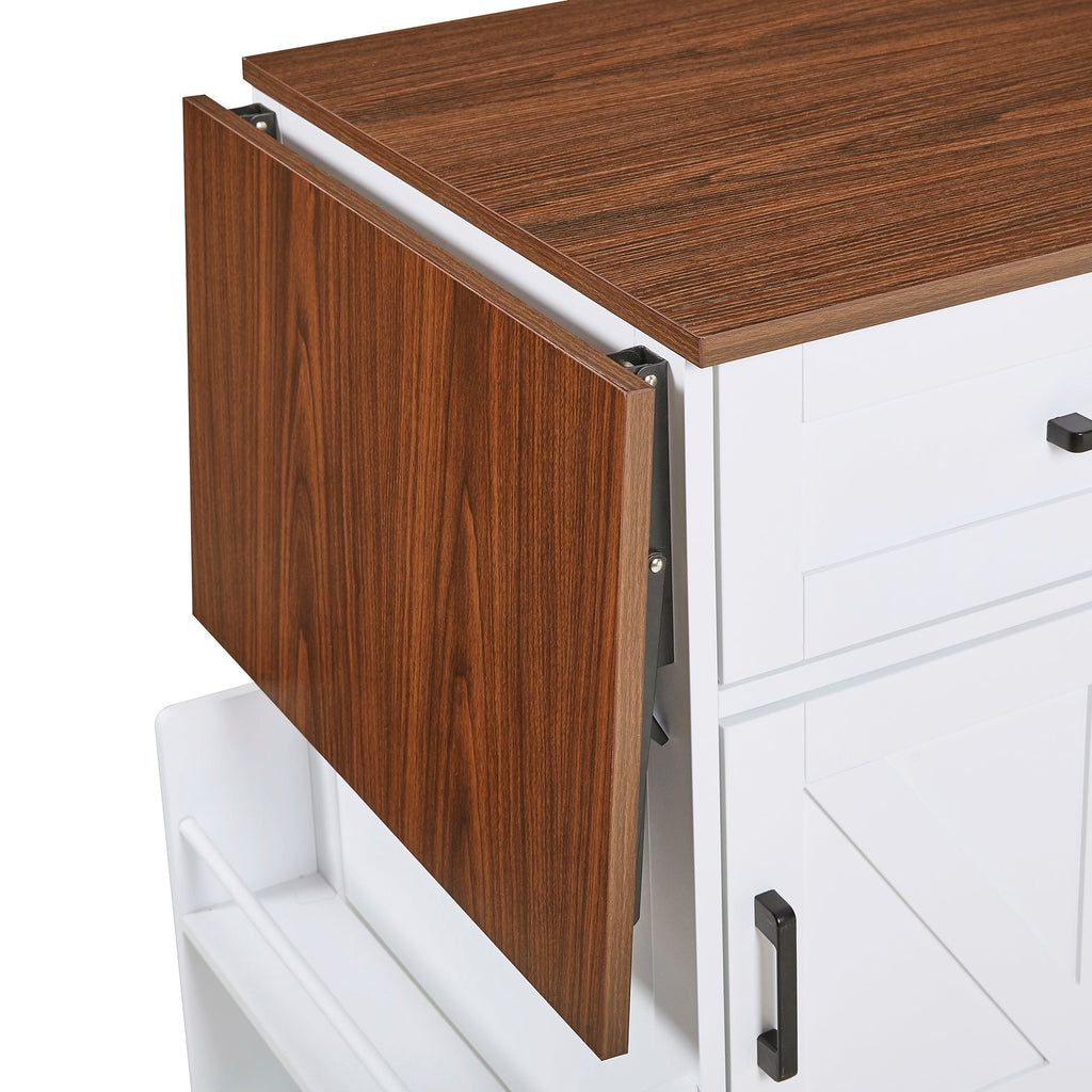 K&K 39.3' Farmhouse Kitchen Island with Drop Leaf, Kitchen Storage Island with Open Side Rack, One Drawer, Towel Rack, Rolling Kitchen Cart with Lockable Wheels for Lawn Garden, Black