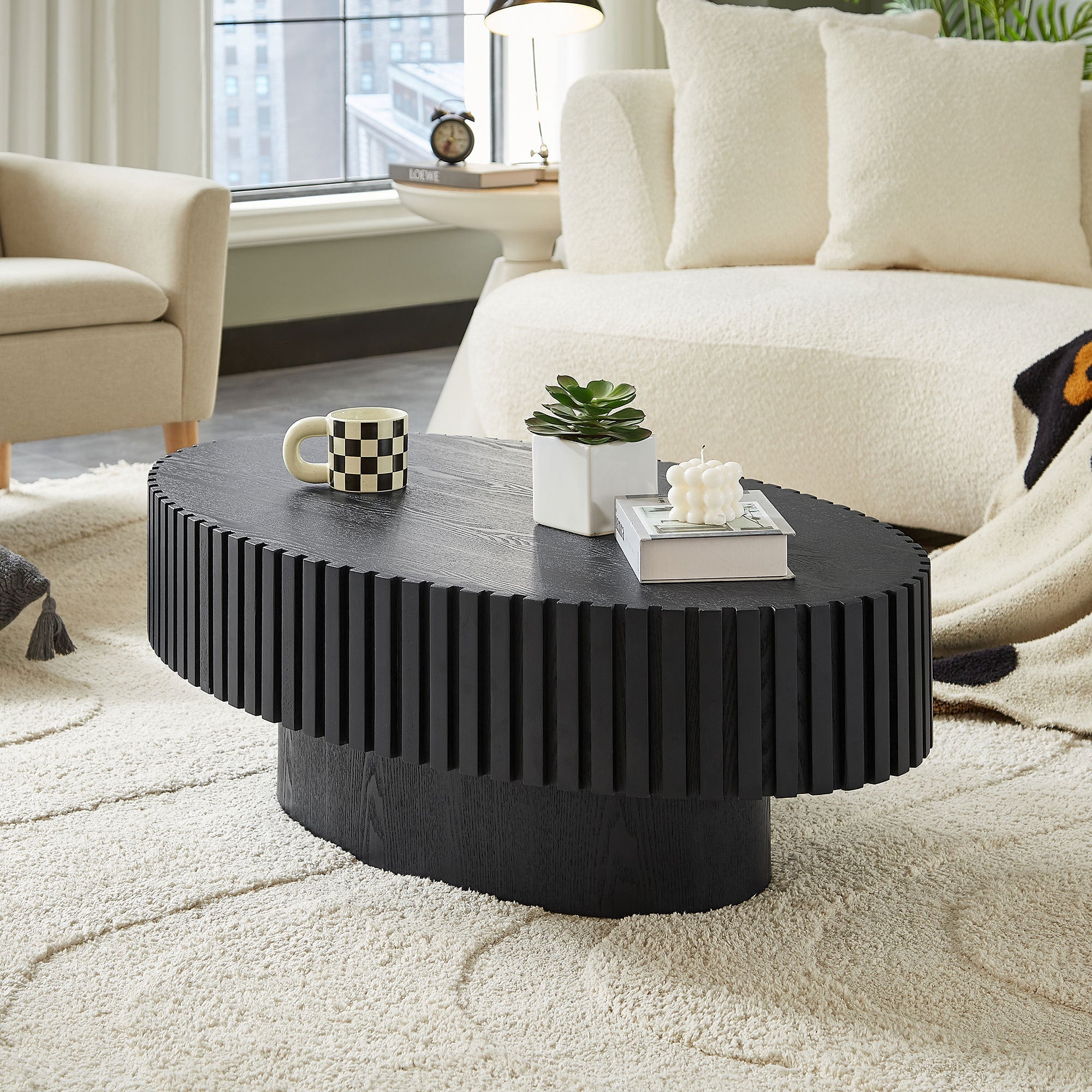 Oval Drum Coffee Table with Pedestal Base — Modern Handcraft Design