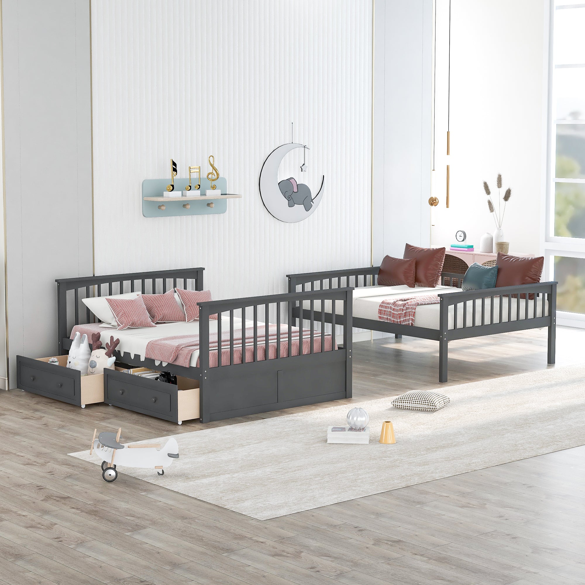 Two rolling drawers with wheels and handles on bunk bed