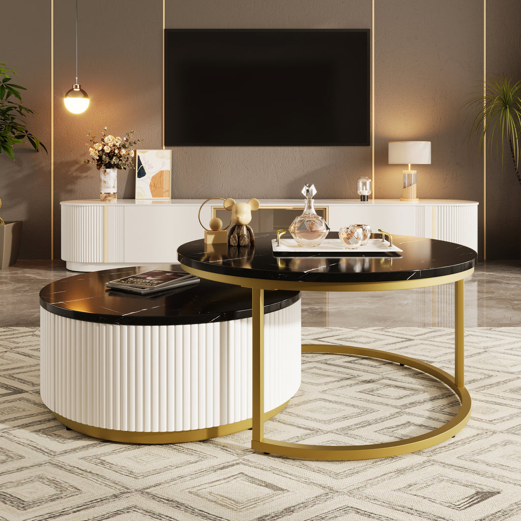 Black MDF top round coffee table with gold accents