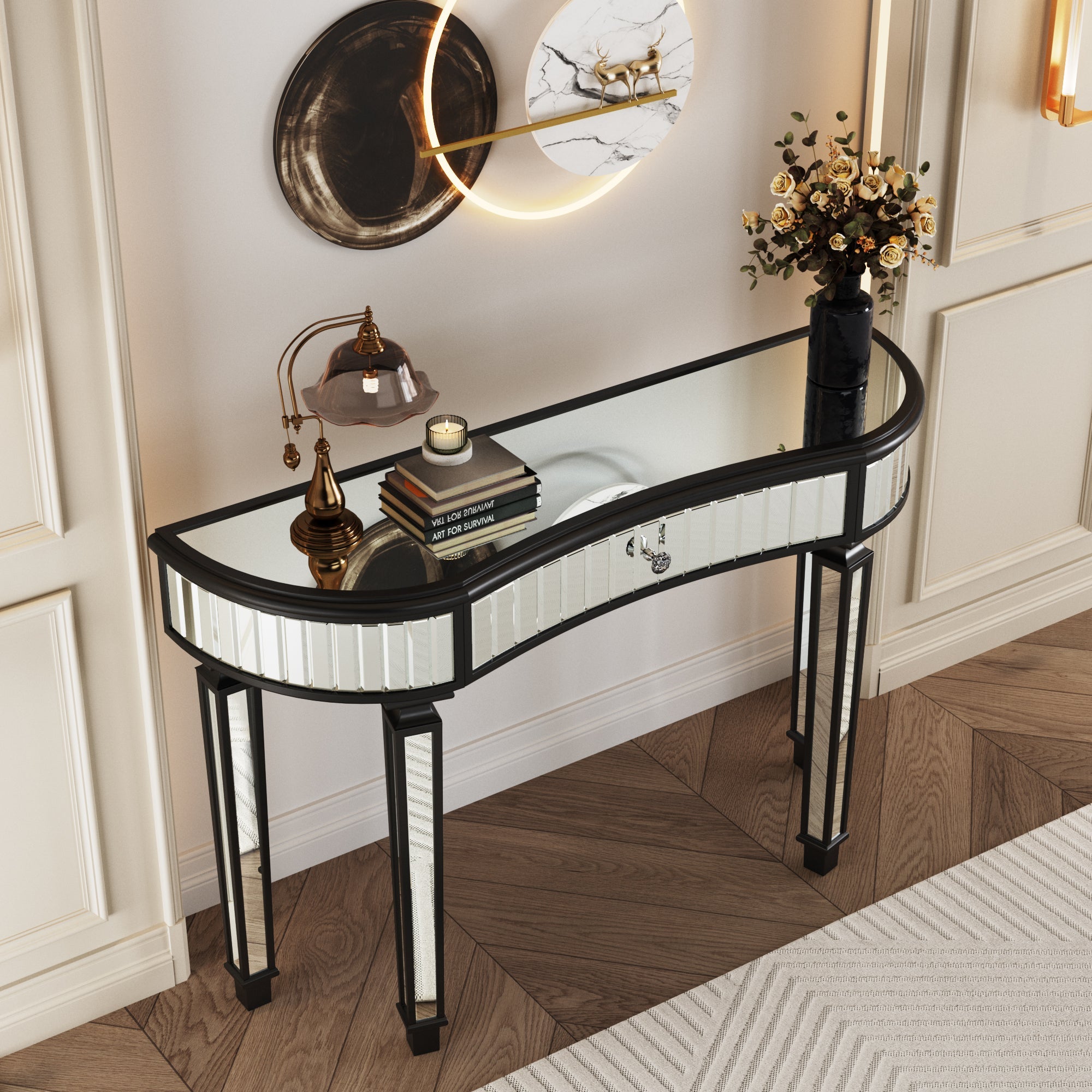47" Half-Moon Mirrored Console Table — Fluted Glass & Crystal Drawer
