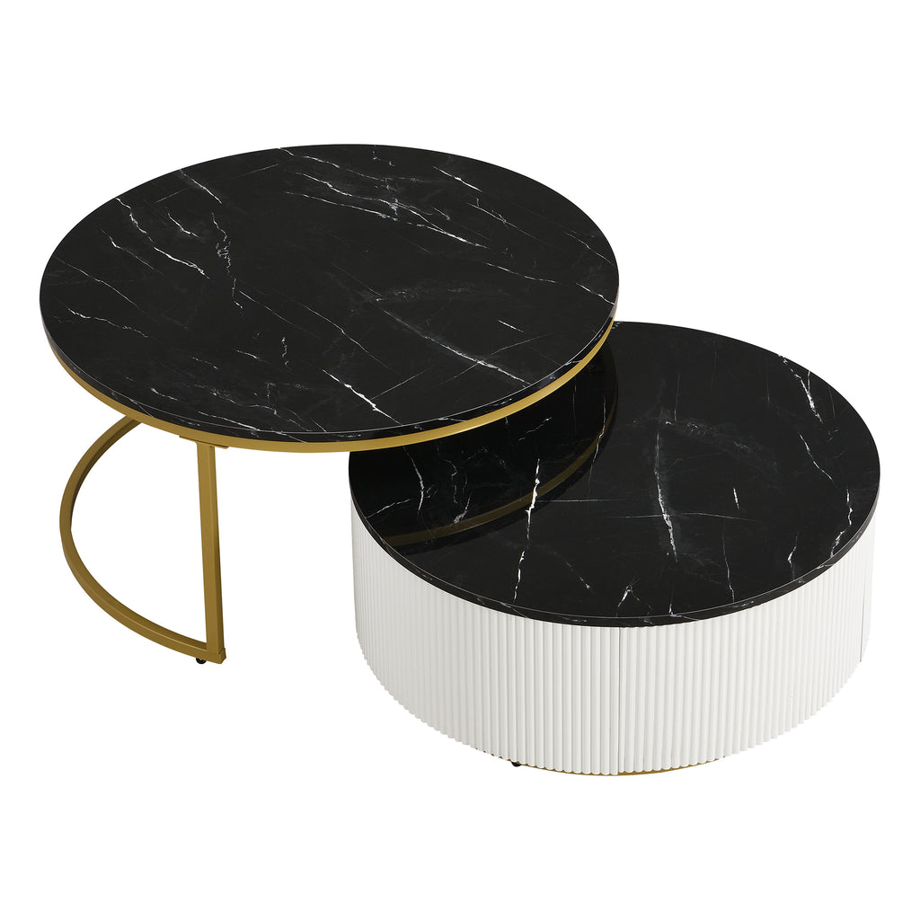 Living room setup with black gold nesting coffee tables