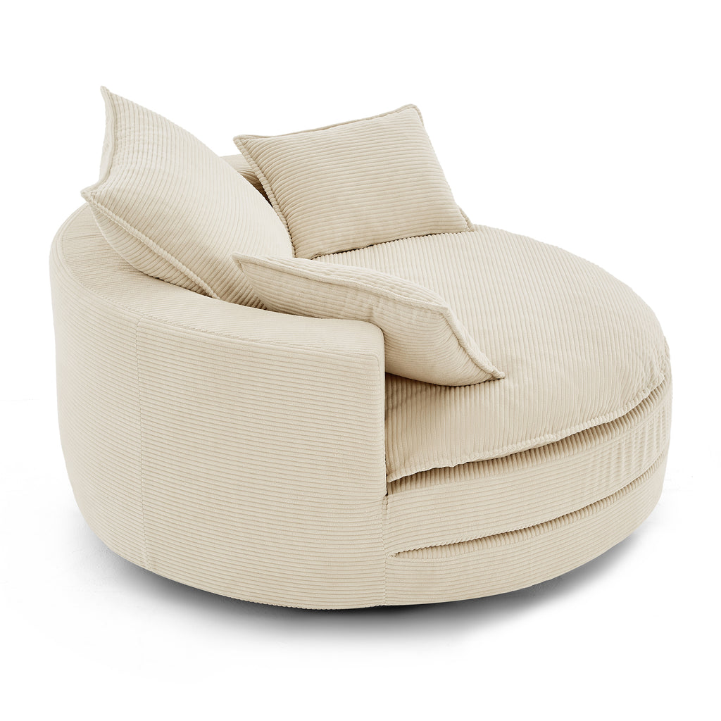 Beige corduroy accent chair cushion detail