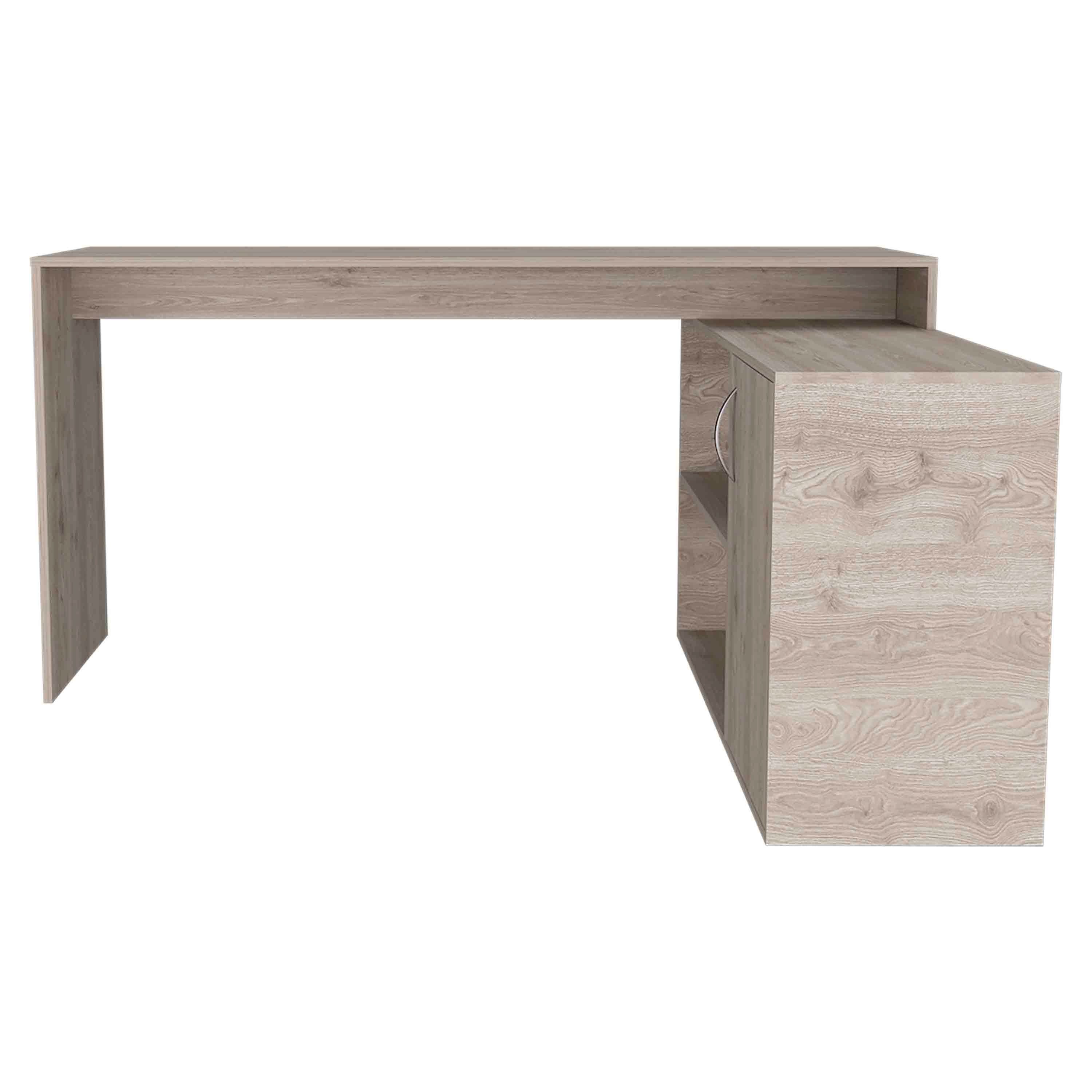 Gray computer desk cabinet with interior shelves open view