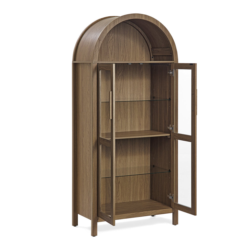 A high arched storage cabinet with a lamp, a modern retro-style wooden storage cabinet with adjustable glass partitions, suitable for use as a multi-functional cabinet in kitchens-Black
