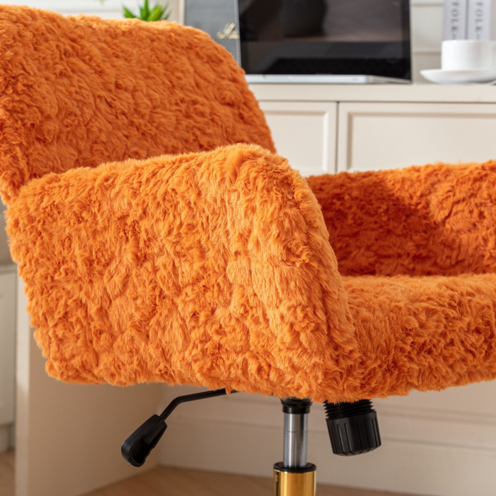 Faux Fur Office Chair — 40° Reclining with Gold Metal Base & Wheels