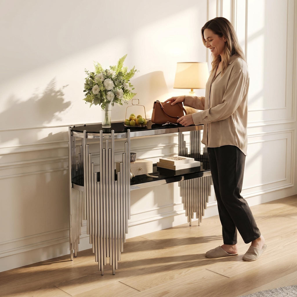 Black tempered glass top console table silver polished frame
