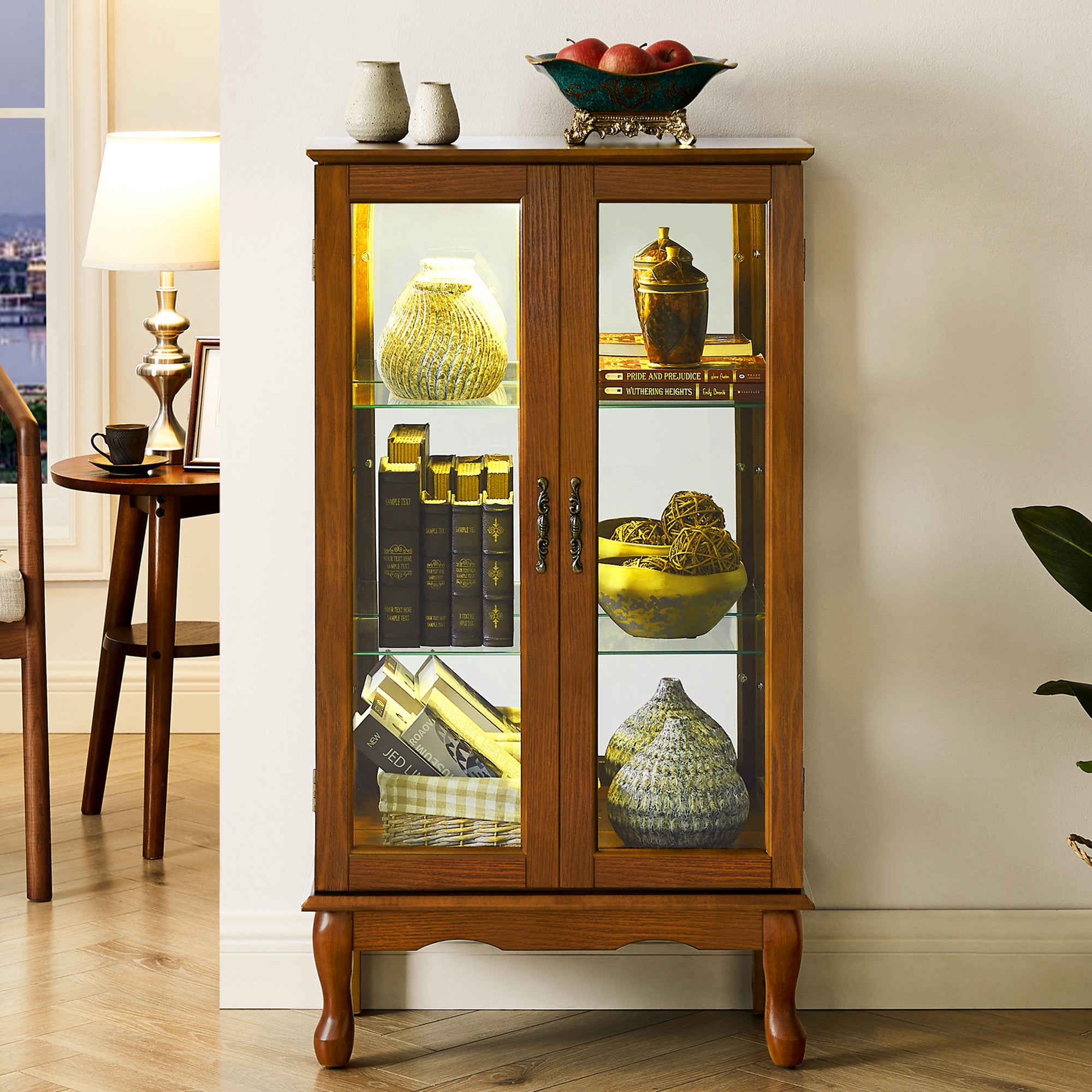Oak display cabinet glass doors magnetic closure detail