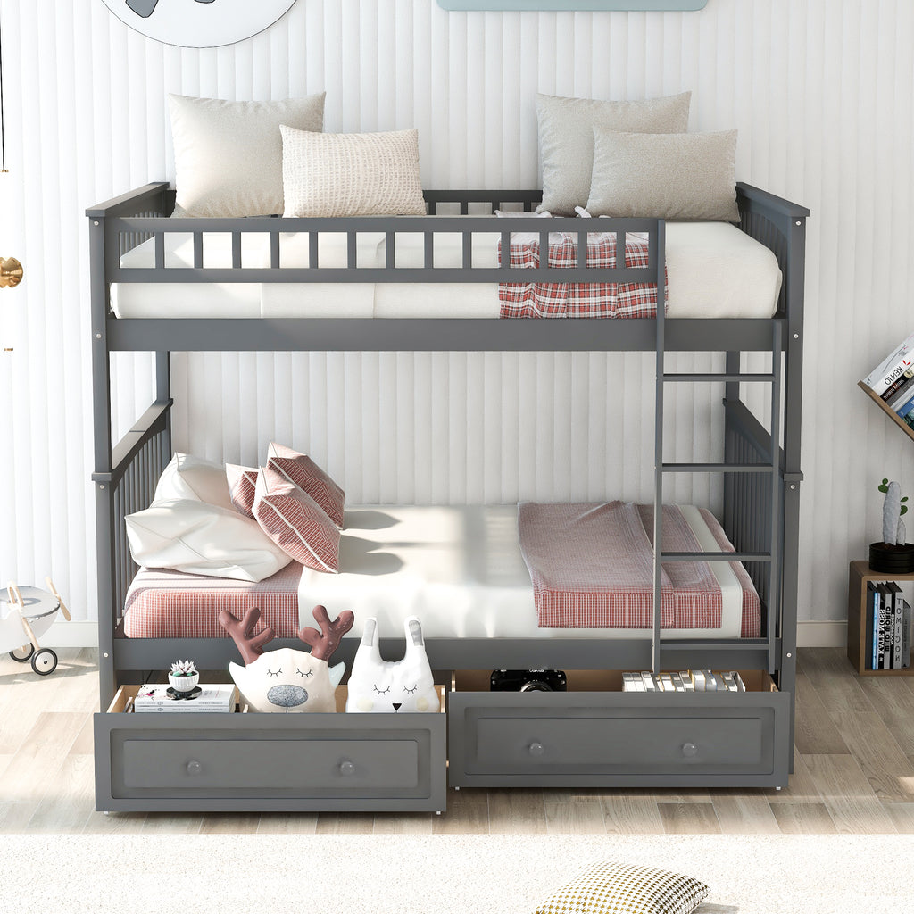 Gray pine wood bunk bed frame construction close-up