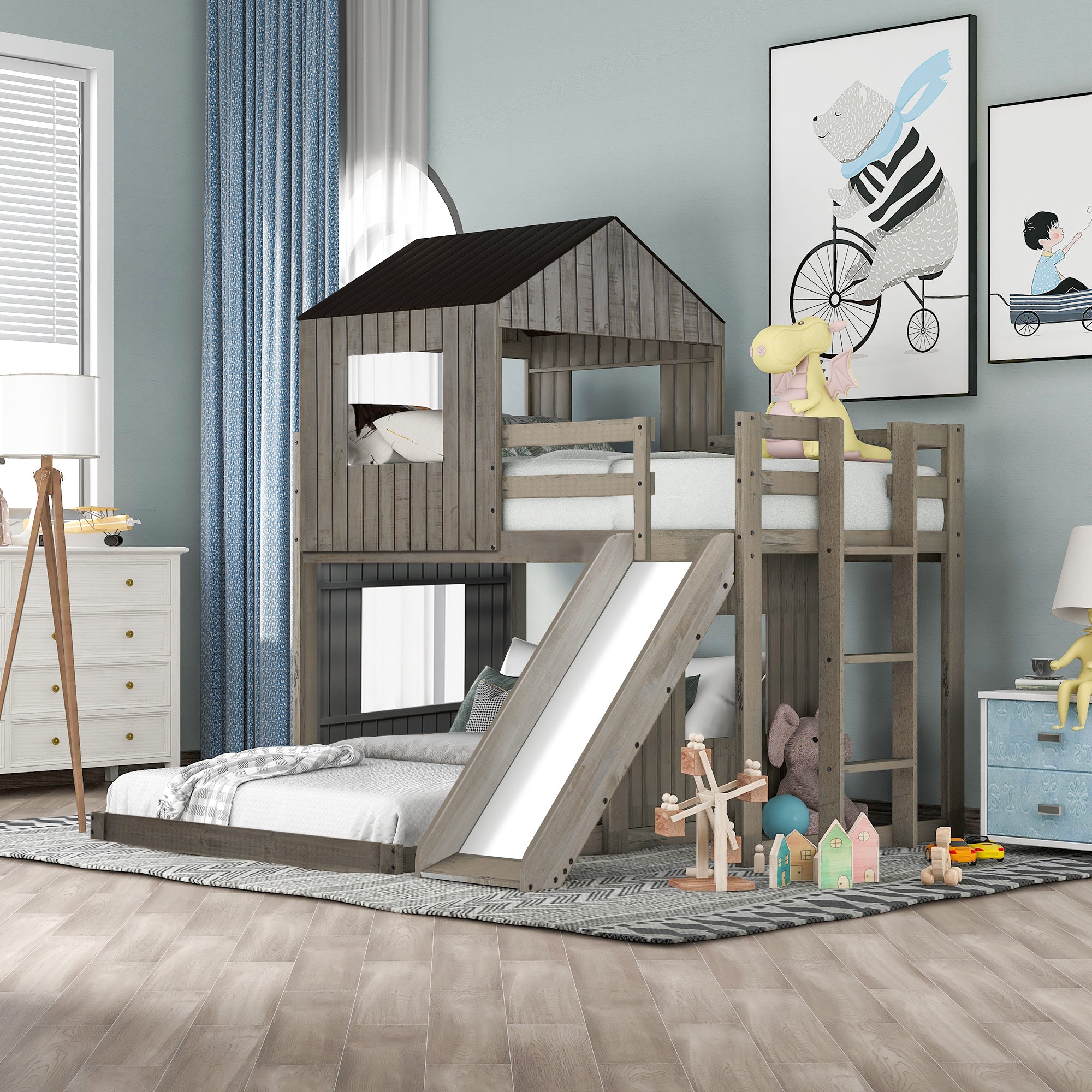 Bunk bed with slide and playhouse — angle view