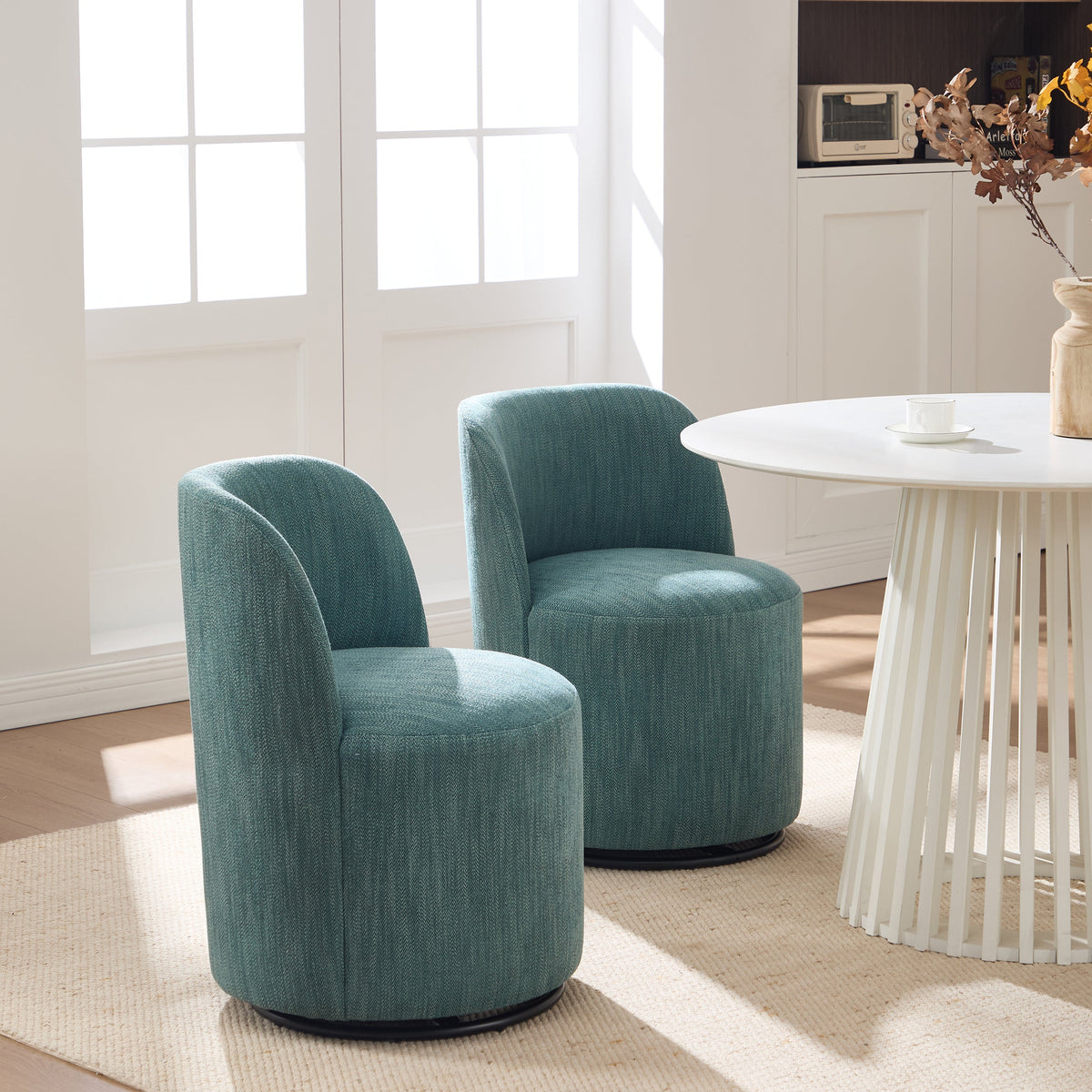 Set Of 1 Upholstered Kitchen & Dining Room Barrel Chair, Mid Century Modern Round Linen Dining Chair, 360 Degree Swivel Comfy Armless Accent Makeup Vanity Side Chair for Bedroom Living Room
