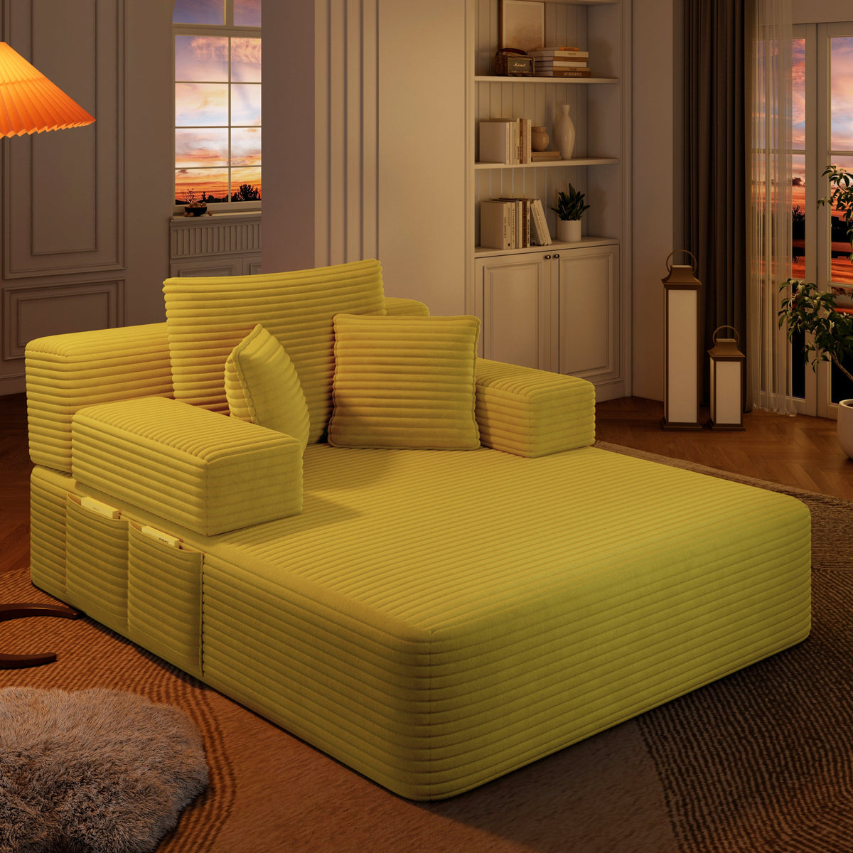 Oversized Plush Corduroy Chaise Lounge Sofa Bed,Convertible Sleeper Couch Bed w/ Storage Pockets,3 Soft Pillows,Multi-Functional Frameless Sofa Couch for Apartment,Home Theater,Guest Room,Beige&White