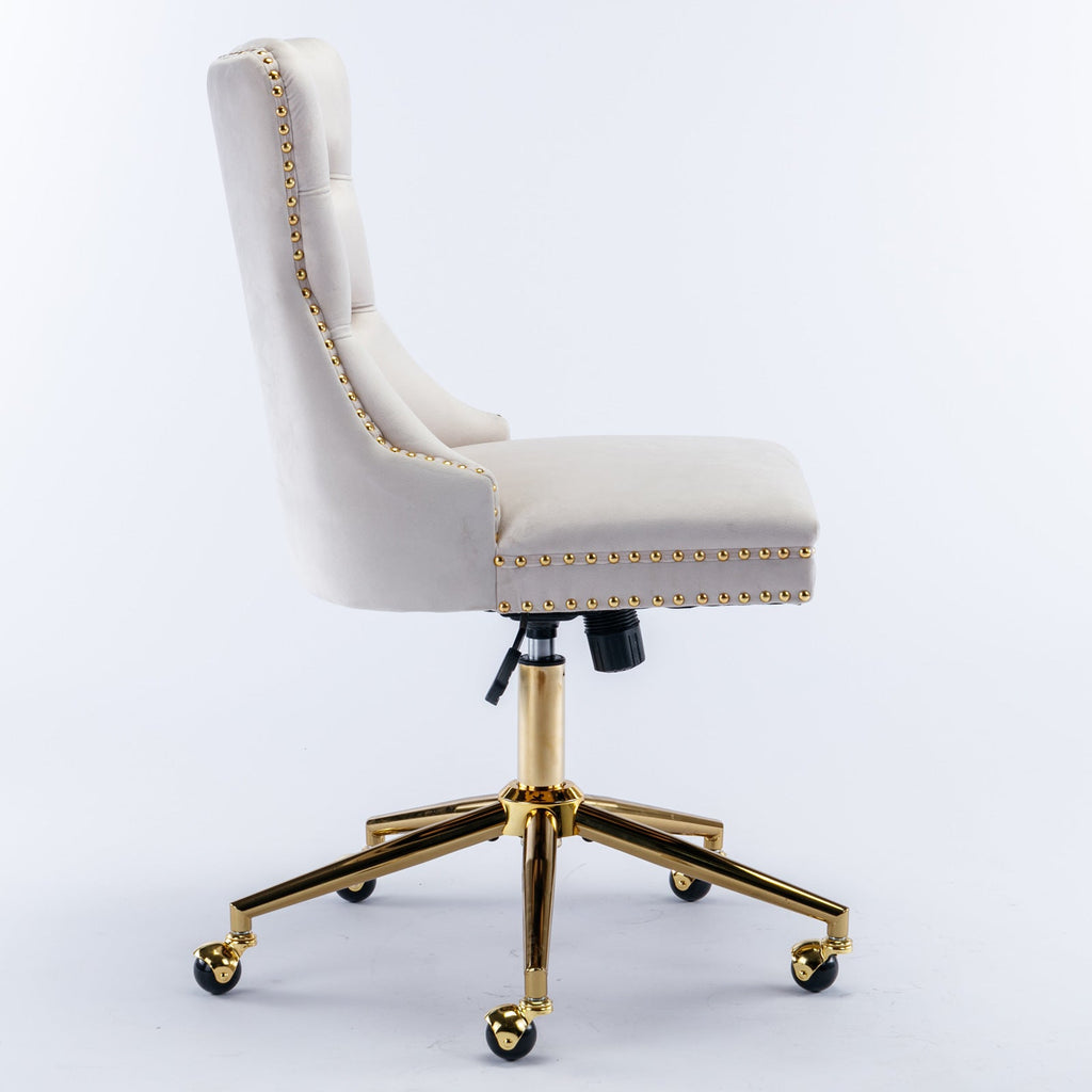 Velvet Office Chair — Button-Tufted with Gold Metal Base & Wheels