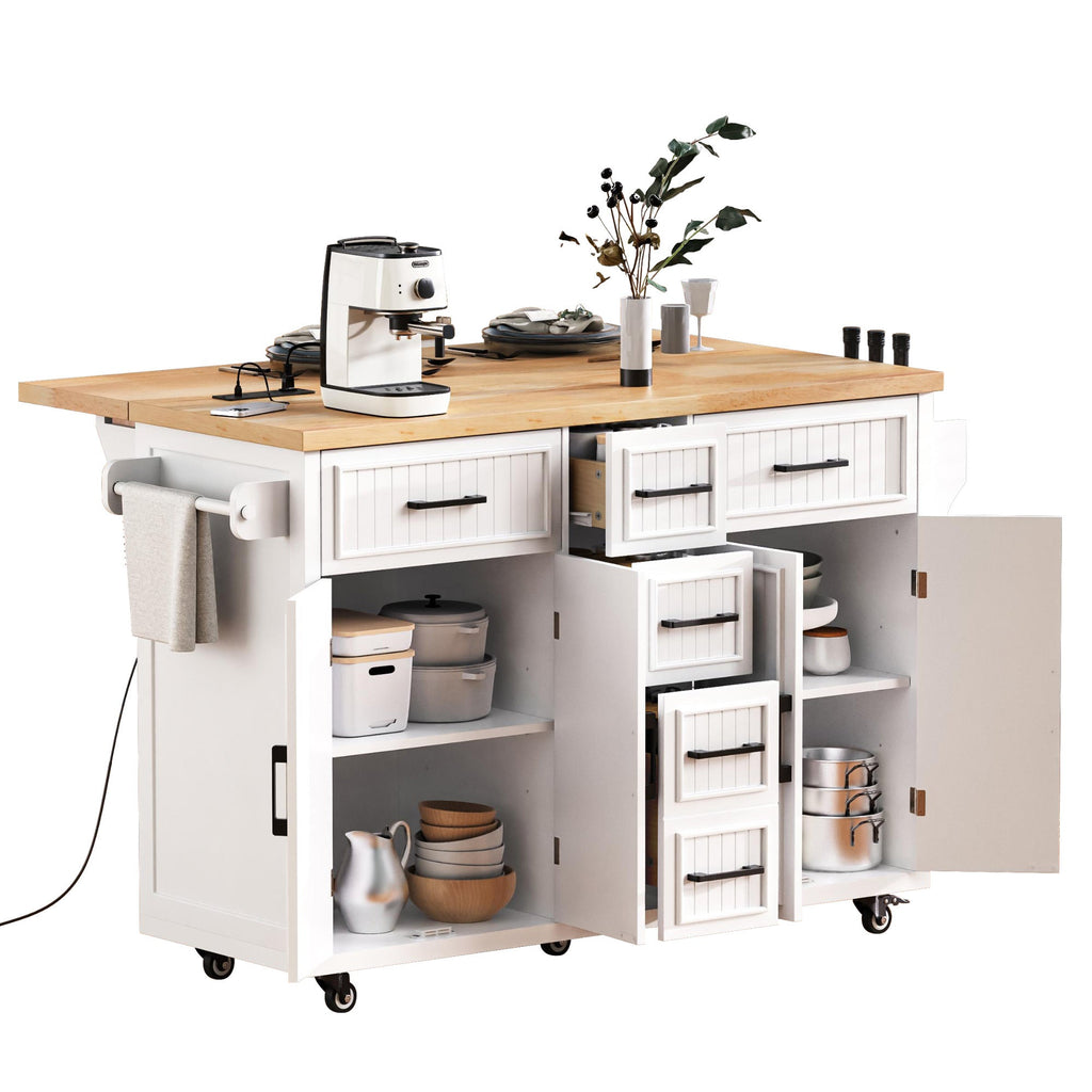 K&K 56.5'' Kitchen Island with Drop Leaf, Power Outlet, Embossed Vertical Stripe Rolling Kitchen Cart on Wheels with 4 Doors , 5 Deep Drawers and Adjustable Shelves, for Kitchen, Dining Room, Black