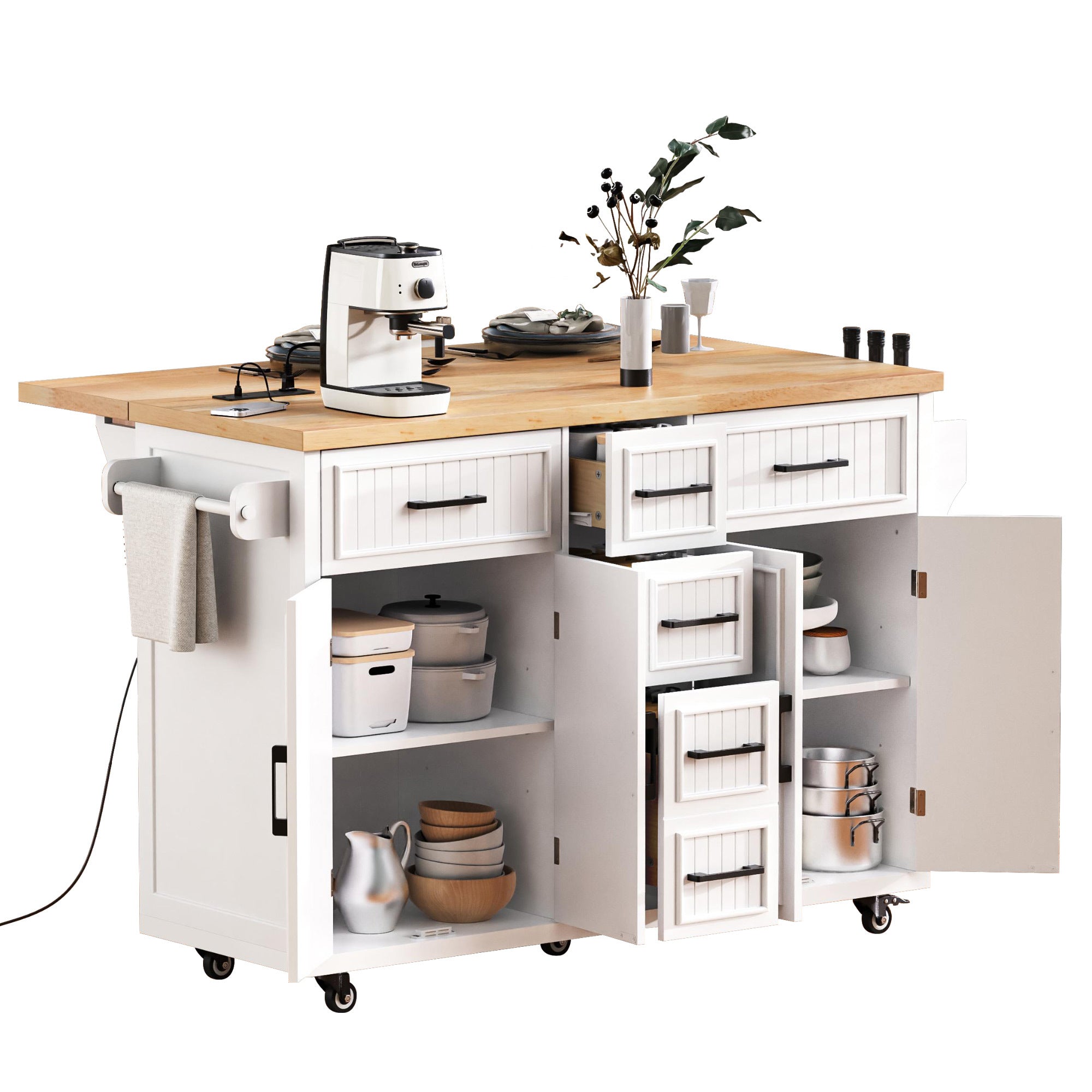 K&K 56.5'' Kitchen Island with Drop Leaf, Power Outlet, Embossed Vertical Stripe Rolling Kitchen Cart on Wheels with 4 Doors , 5 Deep Drawers and Adjustable Shelves, for Kitchen, Dining Room, Black