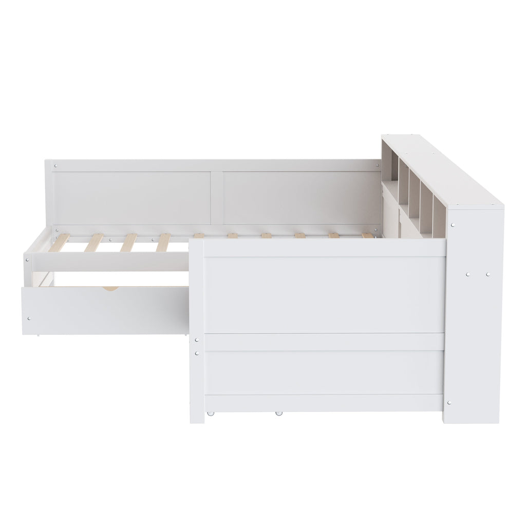 Twin Size Day Bed for 2, L- Shape Twin Size Bed Frame with Storage 3 Drawers, Wooden Corner Bed with Bookshelf, Corner Bed Frame For Bedroom, Living Room,Grey