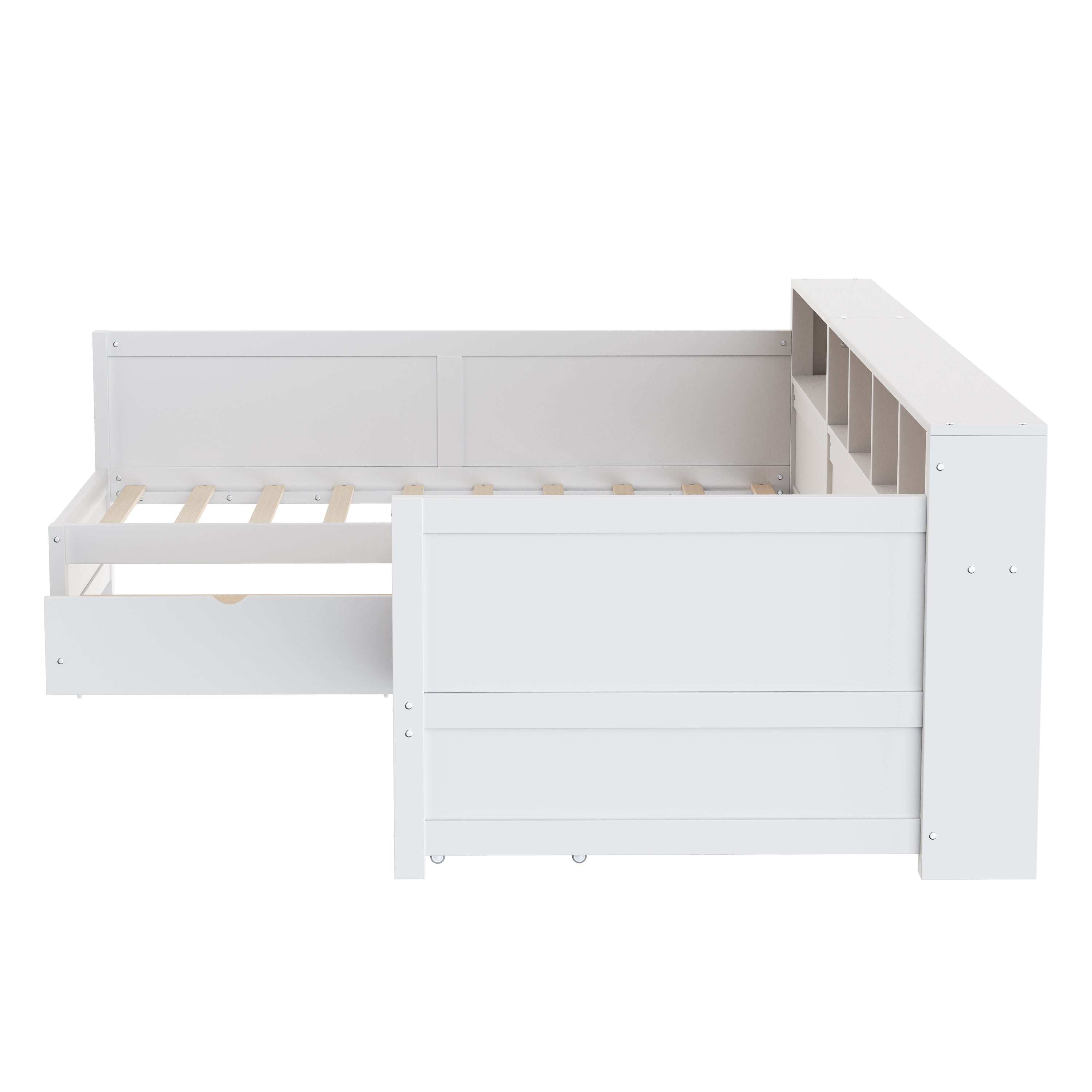 Twin Size Day Bed for 2, L- Shape Twin Size Bed Frame with Storage 3 Drawers, Wooden Corner Bed with Bookshelf, Corner Bed Frame For Bedroom, Living Room,Grey