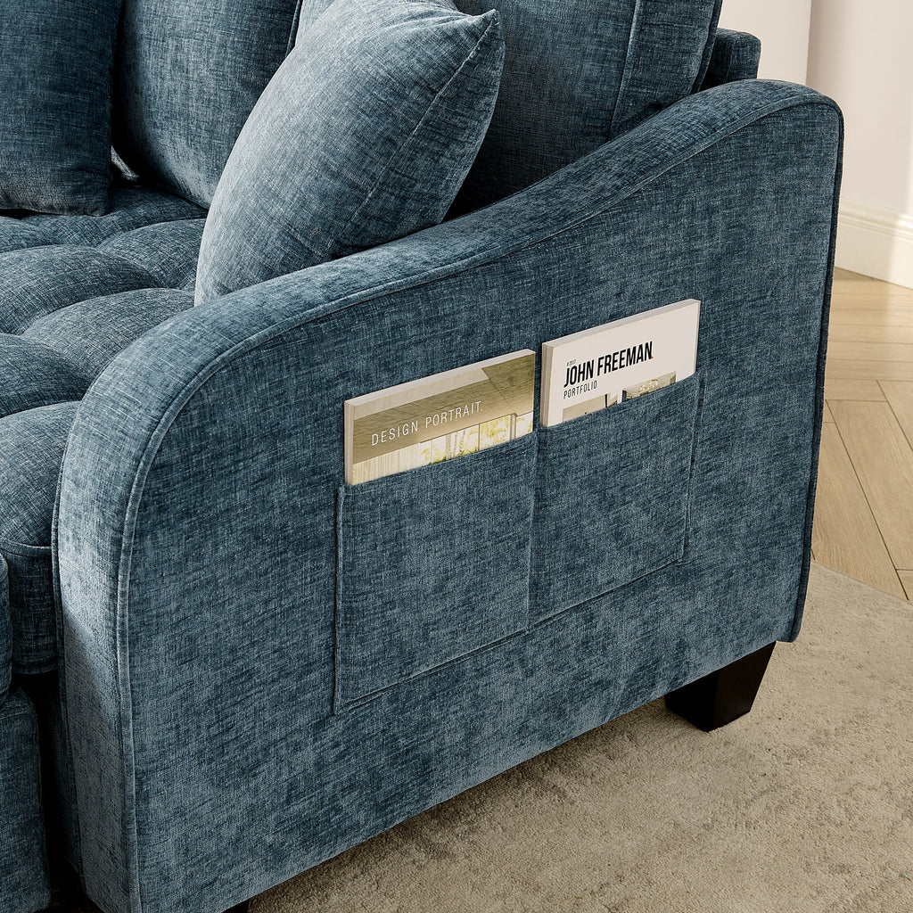 Two-seater sofa, double sofa chaise longue, with irregular armrests and backrests, footrest with storage space, comes with two small throw pillows, suitable for living room and bedroom -Blue