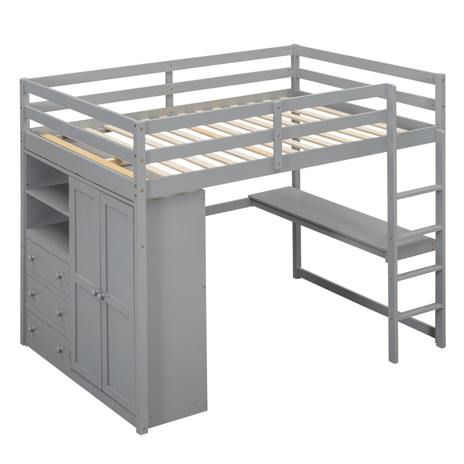 Gray loft bed wood slat platform — no box spring