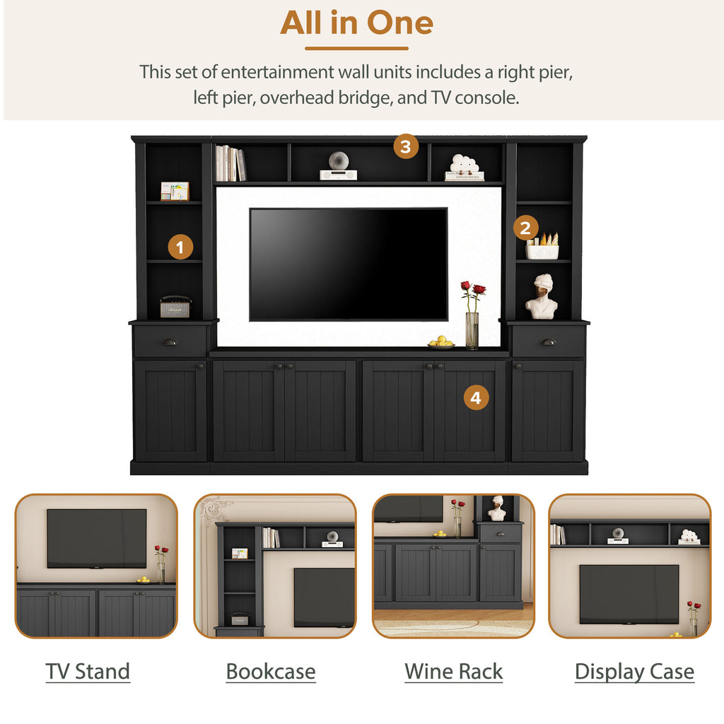 Black media console with vertical stripe door panel detail