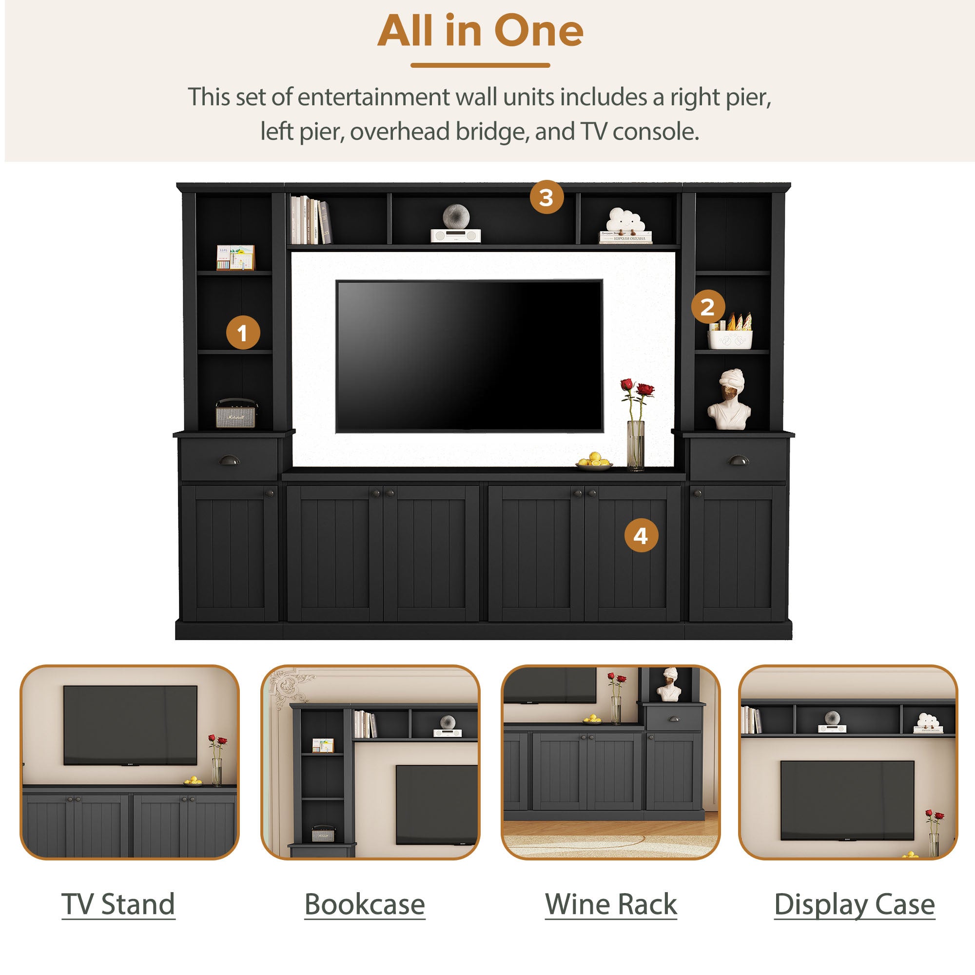 Black media console with vertical stripe door panel detail