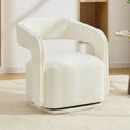 065-Chenille Fabric Swivel Accent Armchair, Comfy Barrel Leisure Chair With Curved Backrest, Upholstered Reading Chair With Black Swivel Base, 22-inch large seat depth and width, White
