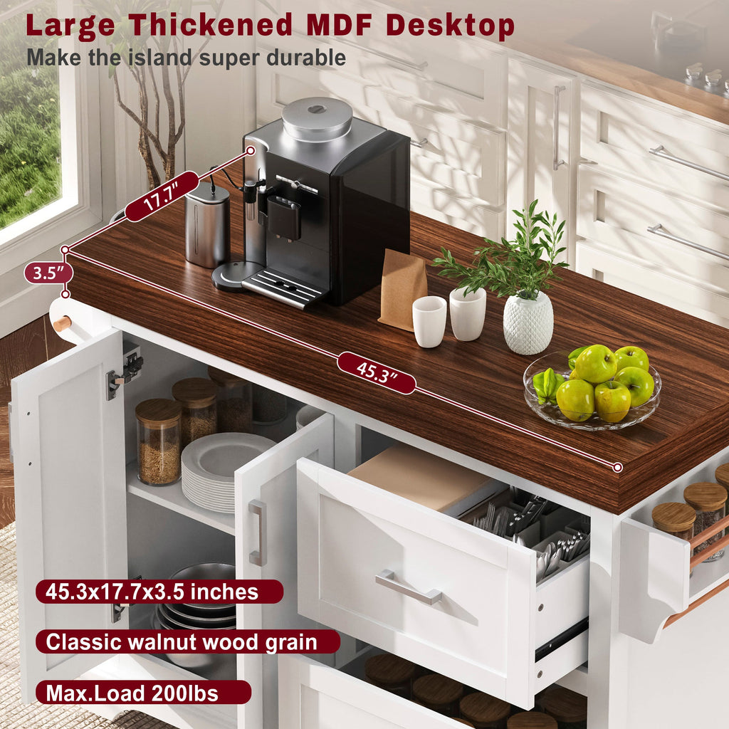 K&K 53' Large Kitchen Island with 3.5' Thick Desktop, Spice and Towel Racks, Rolling Kitchen Island with Storage on 5 Wheels, 2 Extra-large Drawers, for Home, Kitchen, Dining Room, Black