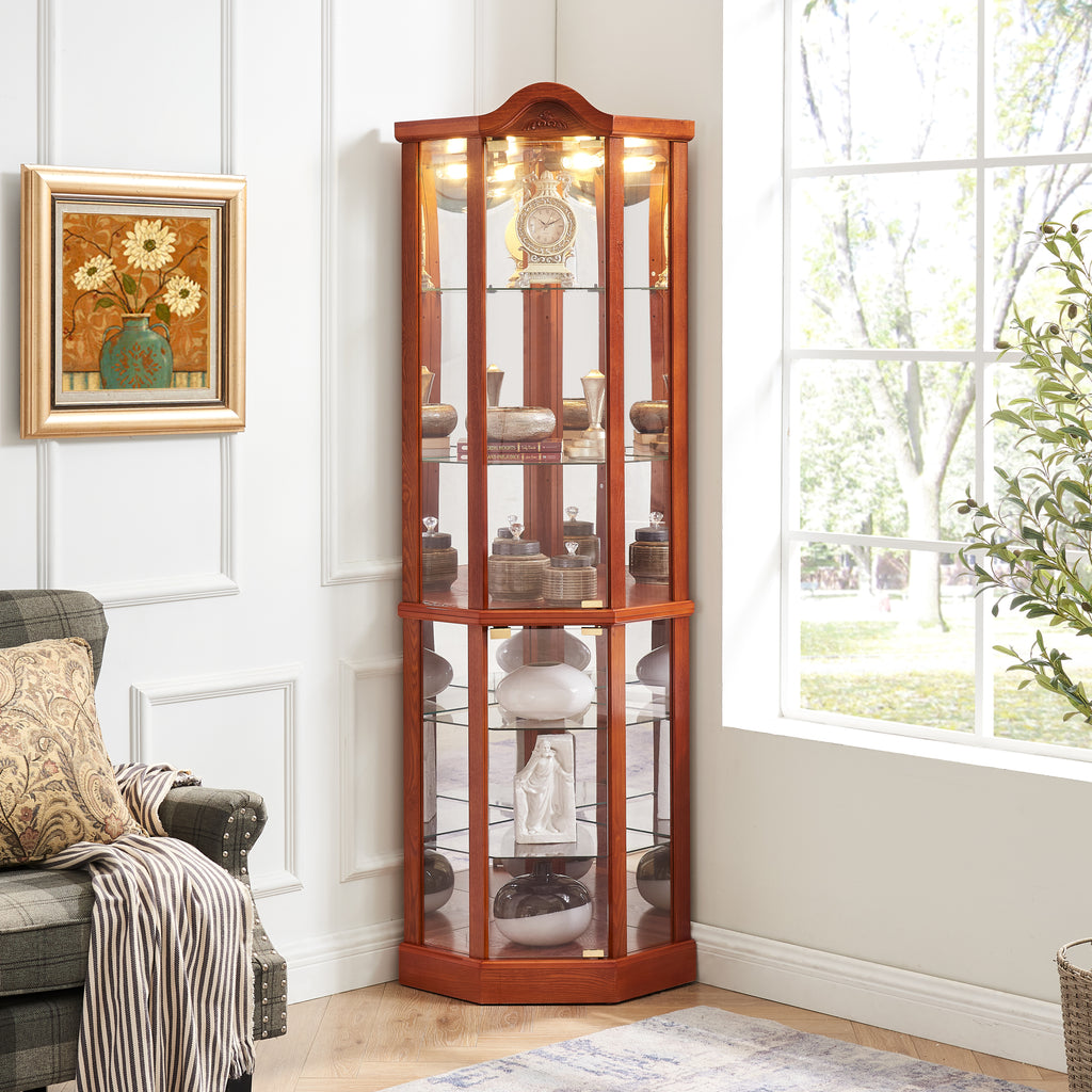 Corner display cabinet built-in lighting illuminated interior