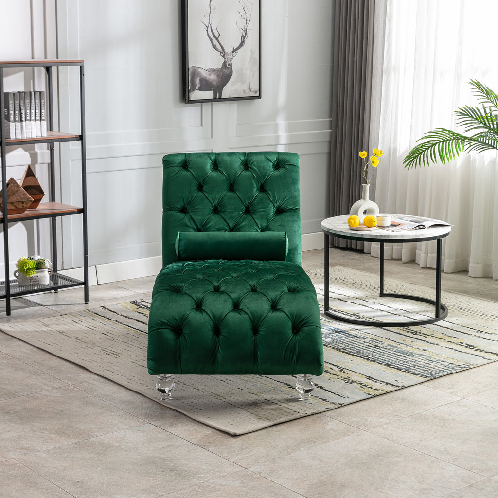 Acrylic leg detail on emerald chaise lounge