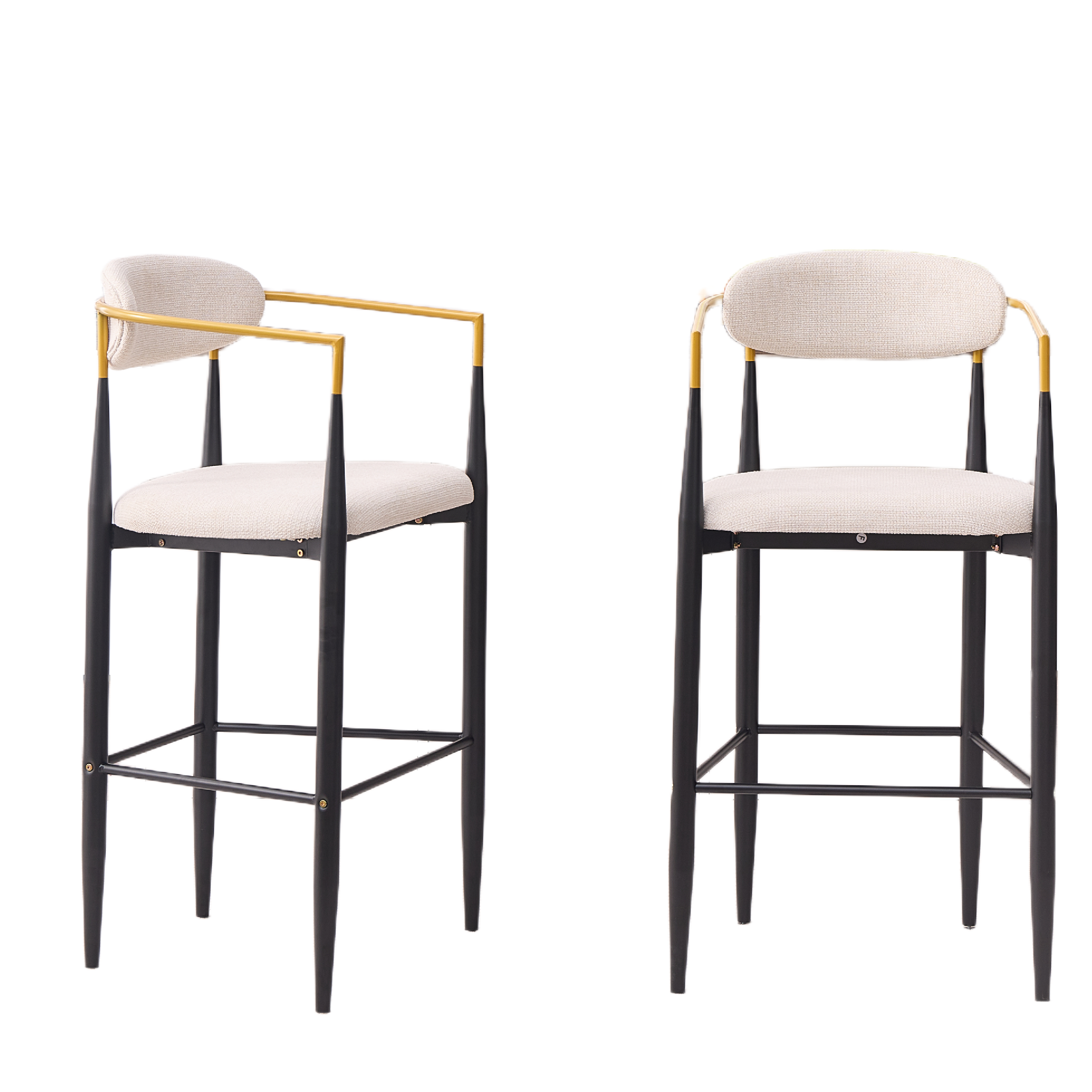 Modern Upholstered Bar Stool with Gold-Accented Armrests - 30' Seat Height,Ergonomic Design for Kitchen Island or Dining Counter Use,Set of 2 - Beige Fabric & Black Metal Frame