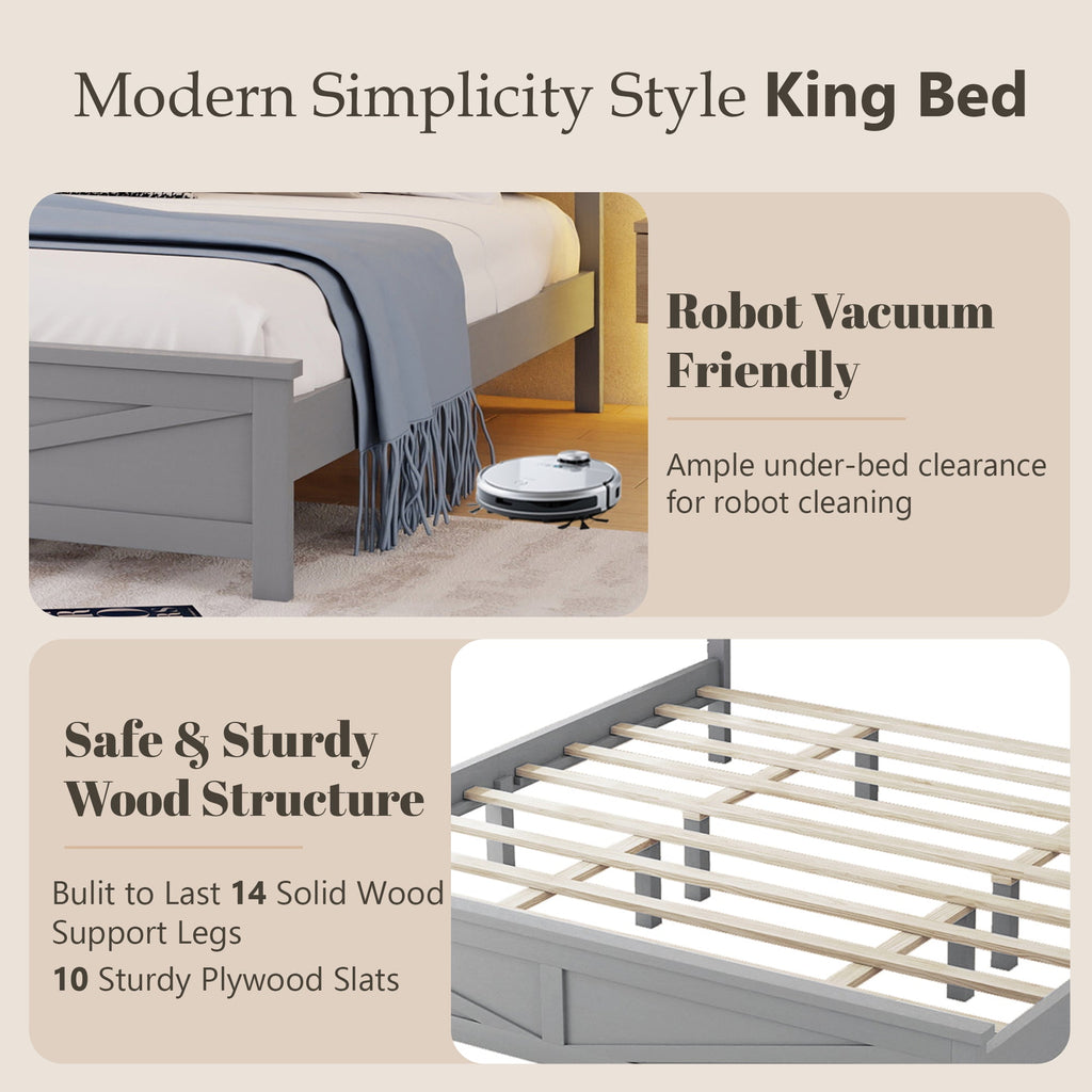 Farmhouse Style King Size Bed with Barn Door Designed Headboard and Footboard, Pinewood Bed with Strengthened Bed Frame,White