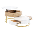 Modern Round Lift-top Nesting Coffee Tables with 2 Drawers in Oak Natural Wood & Antique White MDF with Gold Metal Base