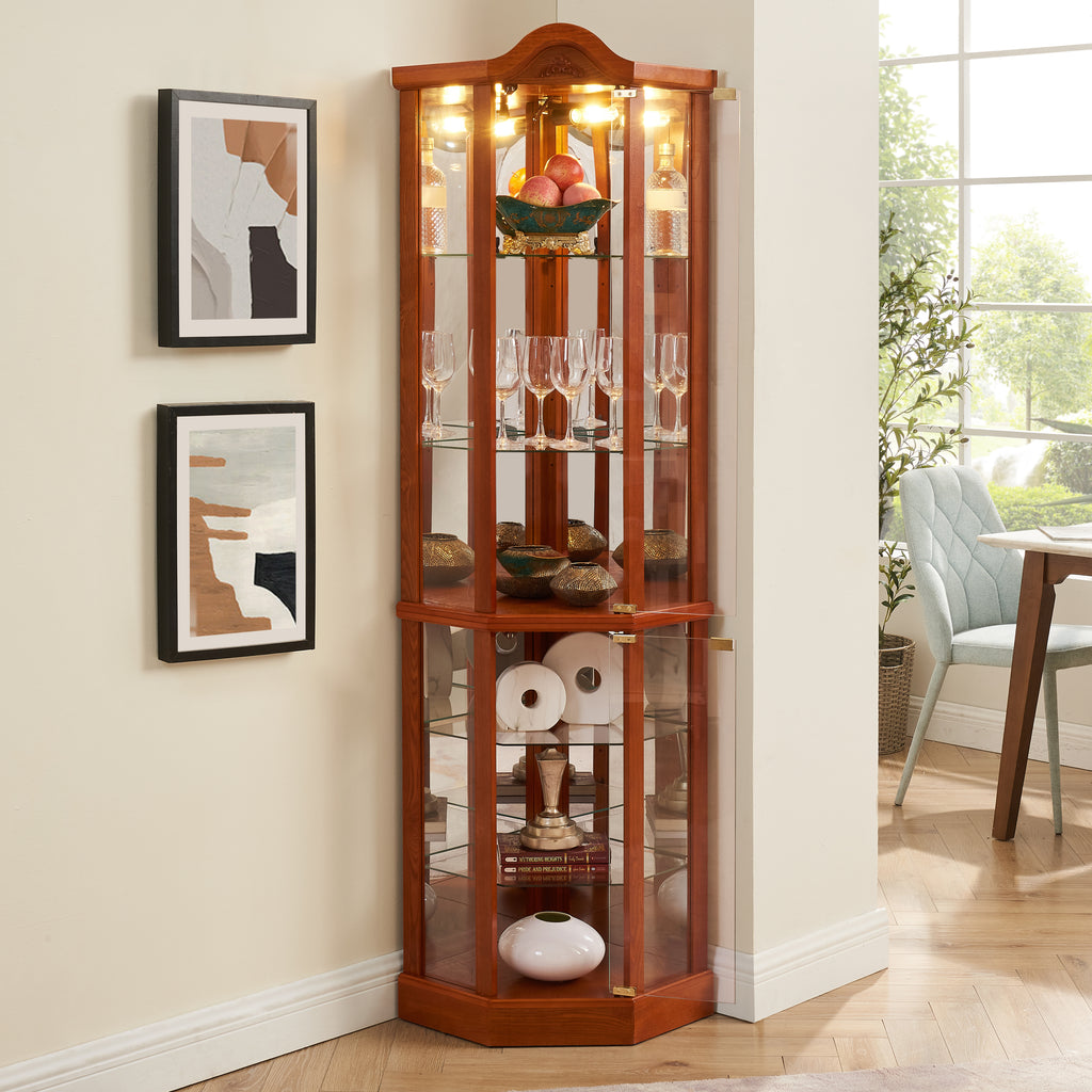 Oak curio cabinet glass door push-to-open mechanism