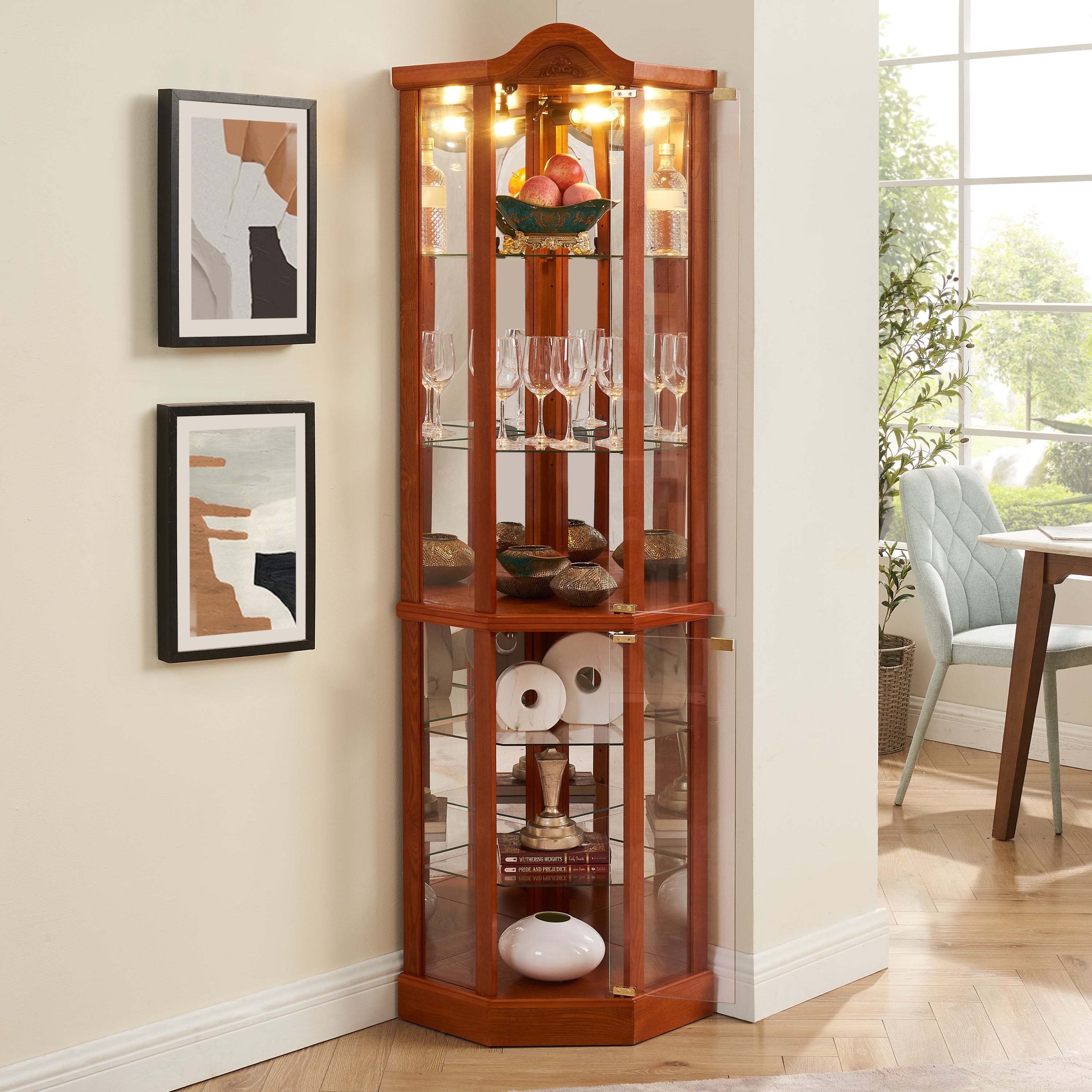 Oak curio cabinet glass door push-to-open mechanism