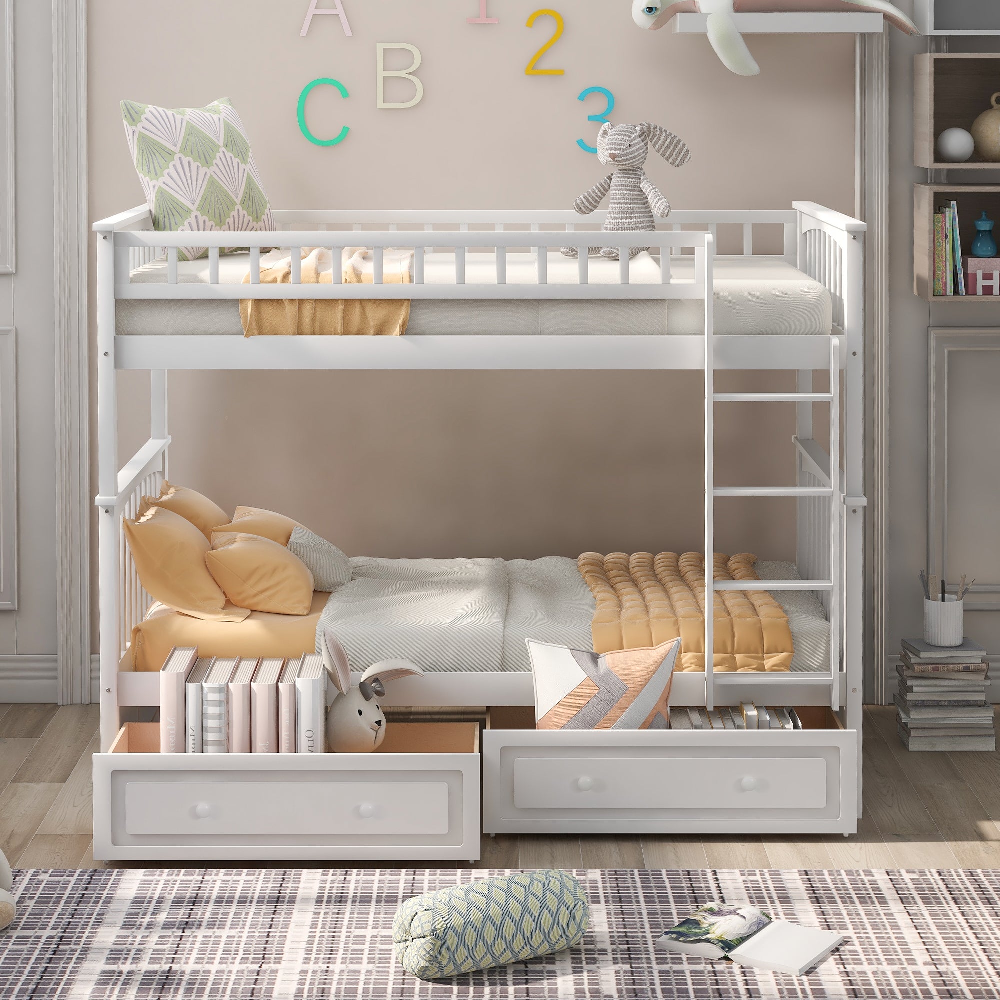 Twin over twin bunk bed in white pine wood — angle view
